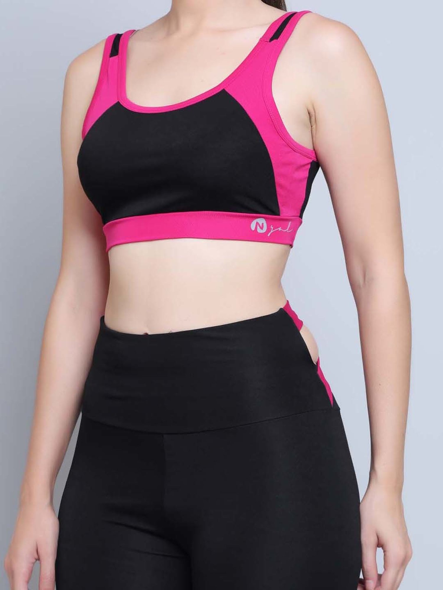 N-Gal Black & Pink Printed Sports Bra With Tights Set