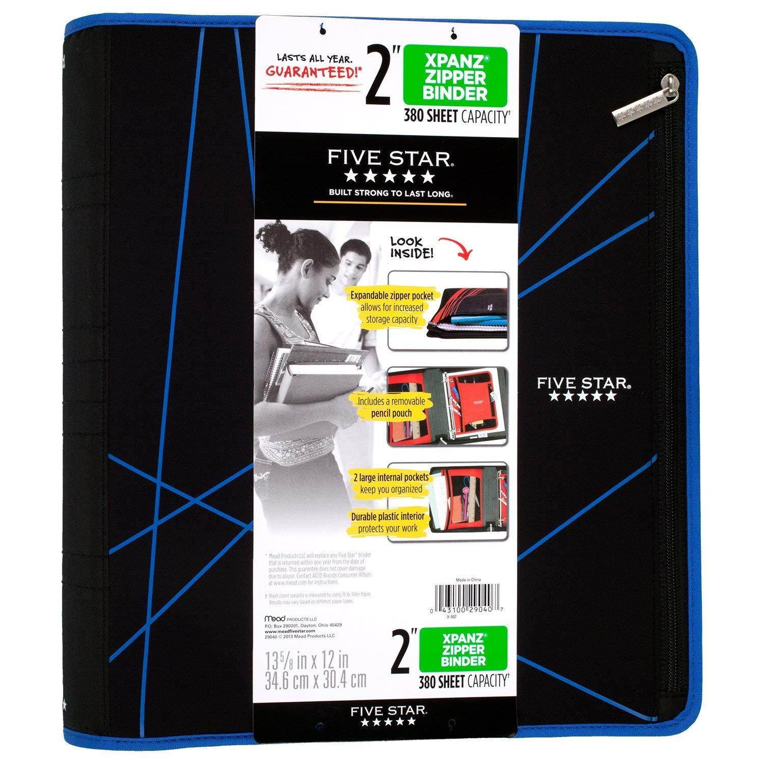 Five Star 2 Inch Zipper Binder, Ring Binder, Xpanz, Color Selected For You (29040)