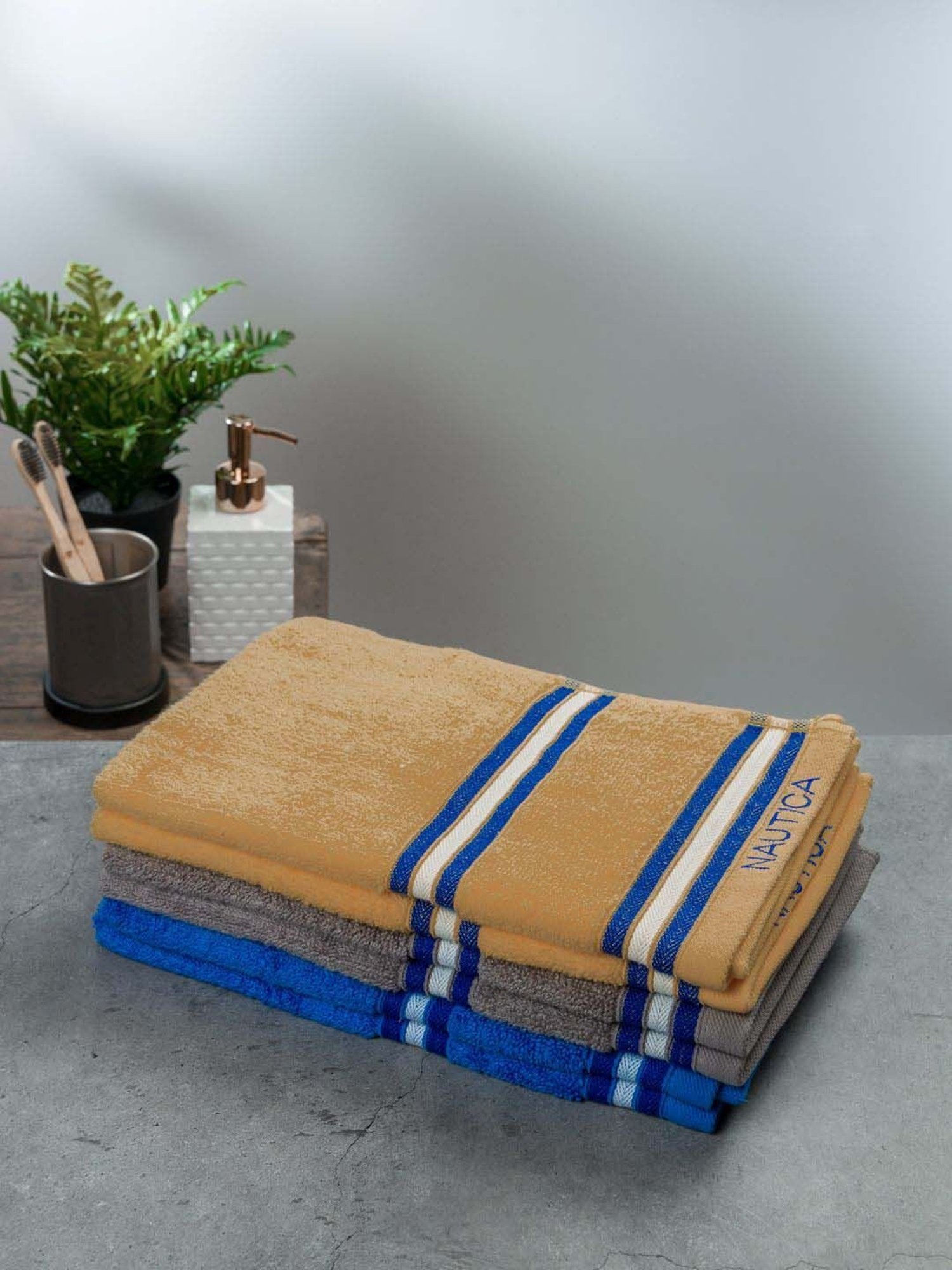 Nautica Vintage Crew Stripe Beige, Grey & Royal Blue Cotton 500 GSM Zero Twist Hand Towel - Set of 6