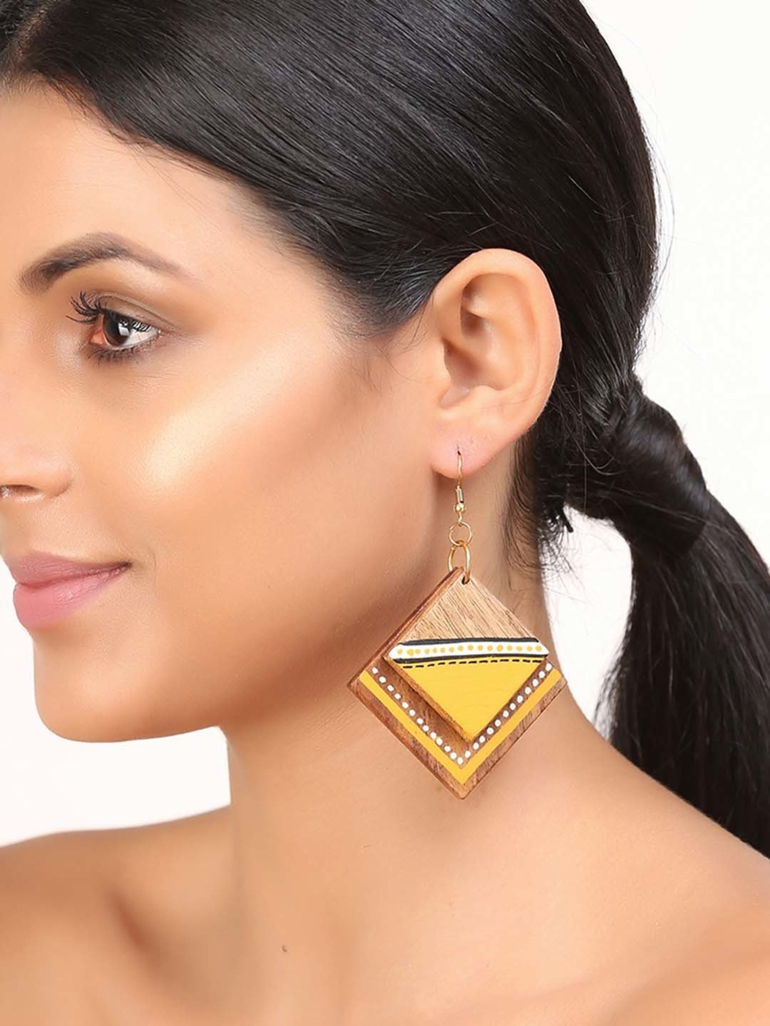 ExclusiveLane Abstract Square Handpainted Earrings in Triangular & Dotted Pattern (Sheesham Wood)