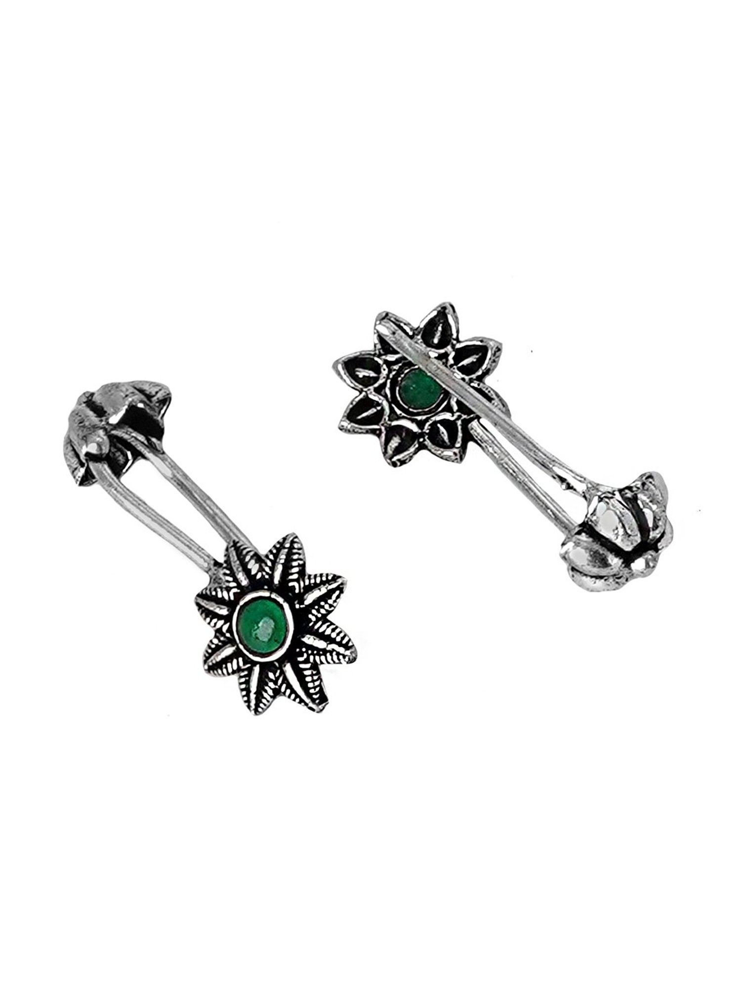 Teejh Ethnic Krisha Green Stone Silver Oxidsed Ear Cuff Earrings