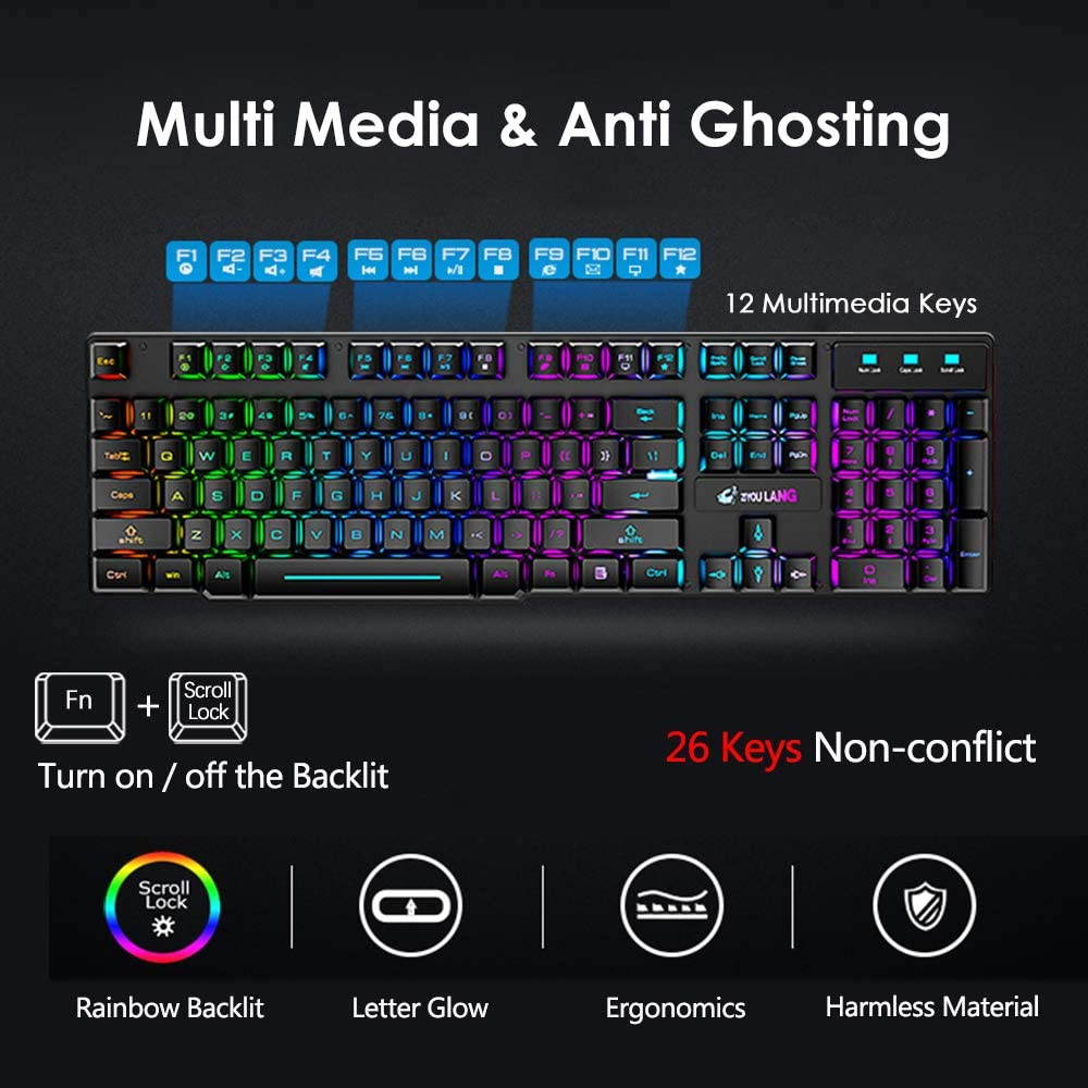 Rainbow backlit wireless keyboard and mouse set, rechargeable 4000mAh battery, mechanical ergonomic touch, waterproof and silent mouse, suitable for laptop, PC, home office