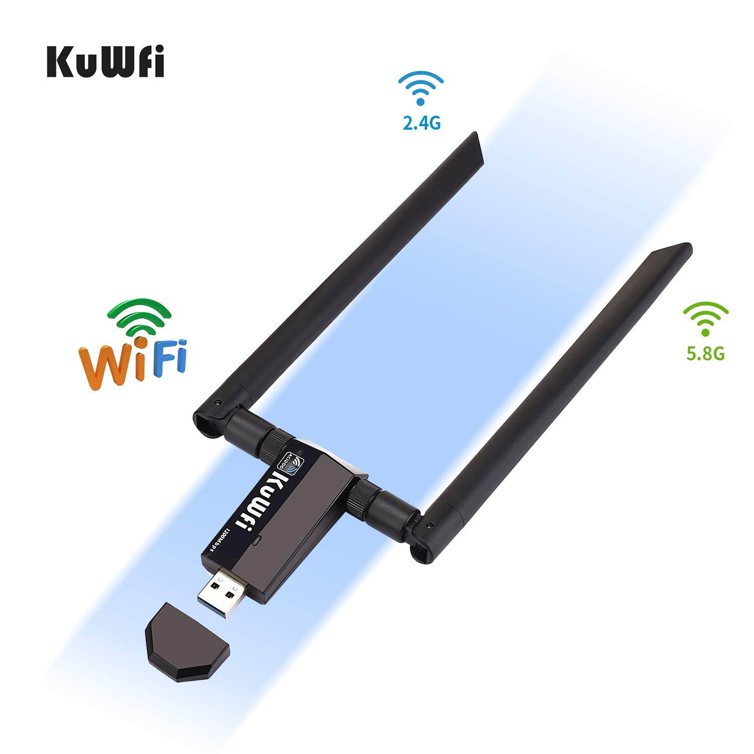 KuWFi USB WiFi Adapter AC 1200Mbps Wireless Network Dual Band 5GHz and 2.4GHZ High Gain for PC Desktop TVbox with 2x5dBi Antenna