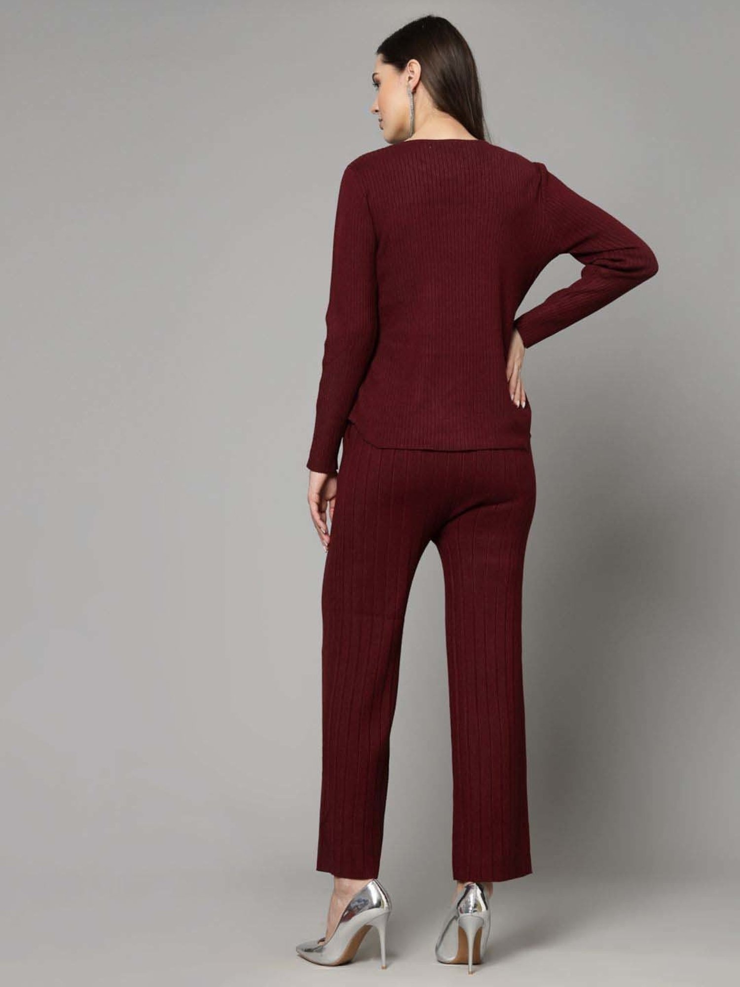 Mafadeny Maroon Embellished Top Pants Set