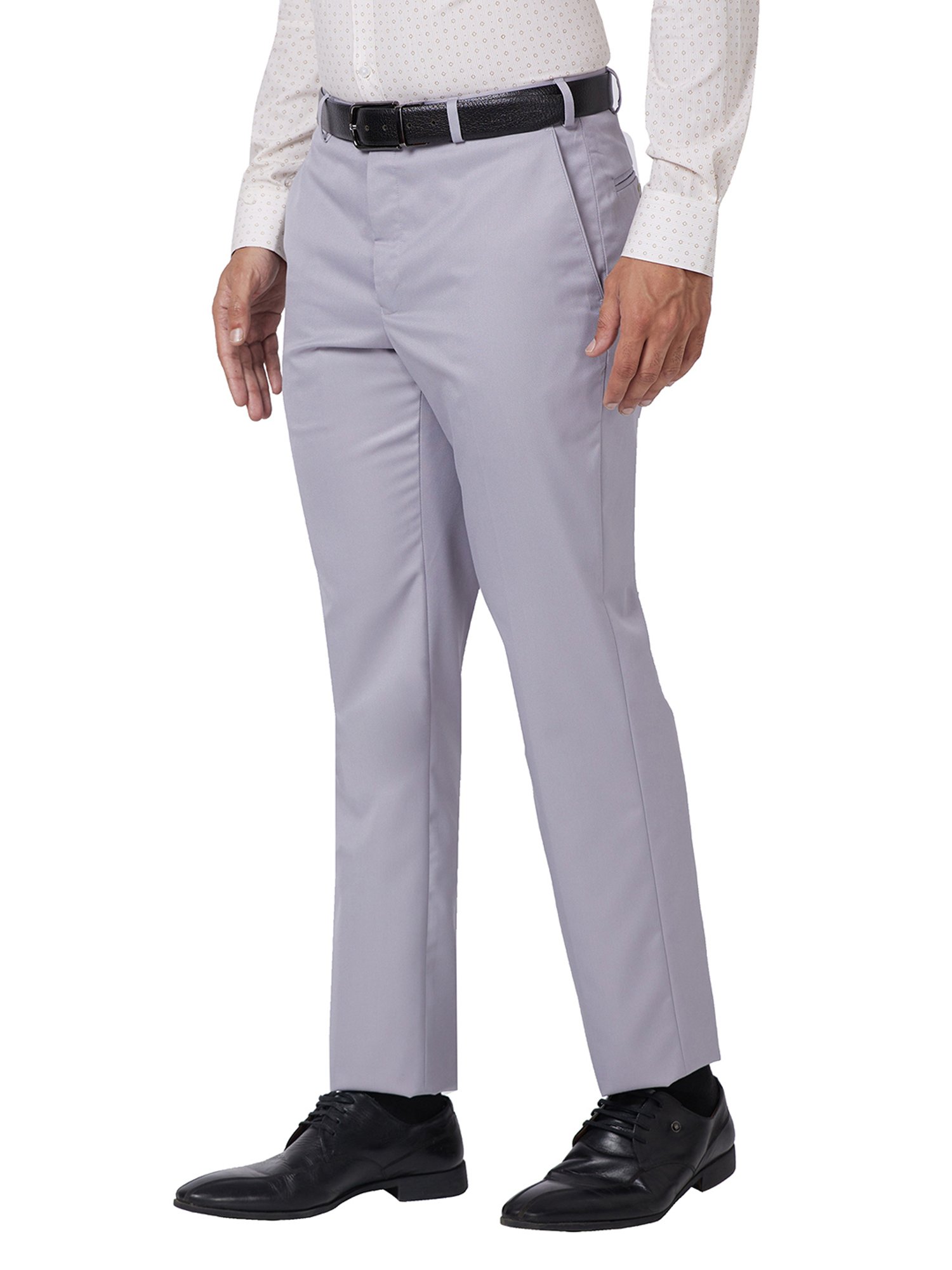 Park Avenue Light Grey Regular Fit Self Design Flat Front Trousers