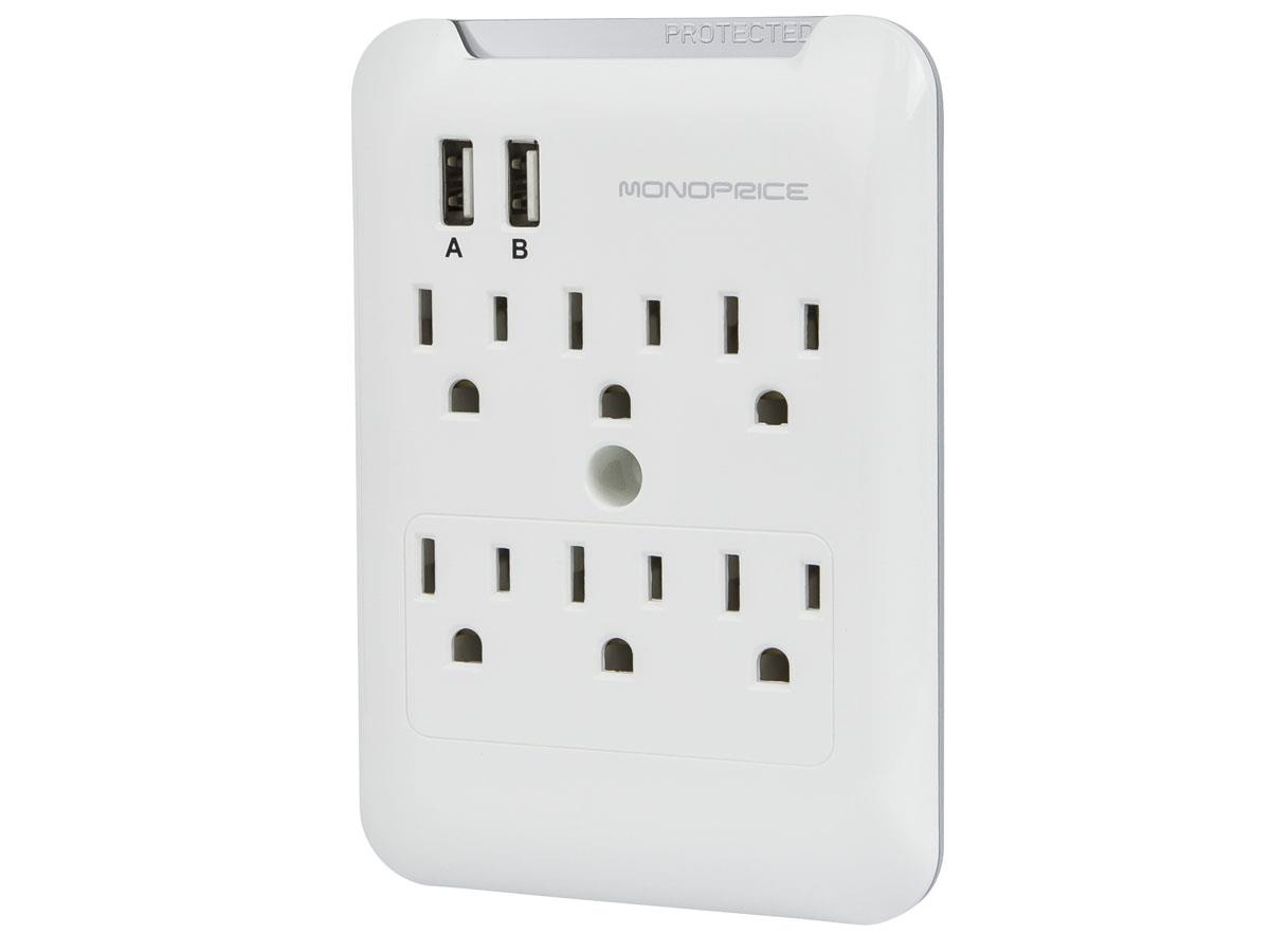 Monoprice 6 Outlet Power Surge Protector Wall Tap with 2 USB Ports 2.4A - 540 Joules