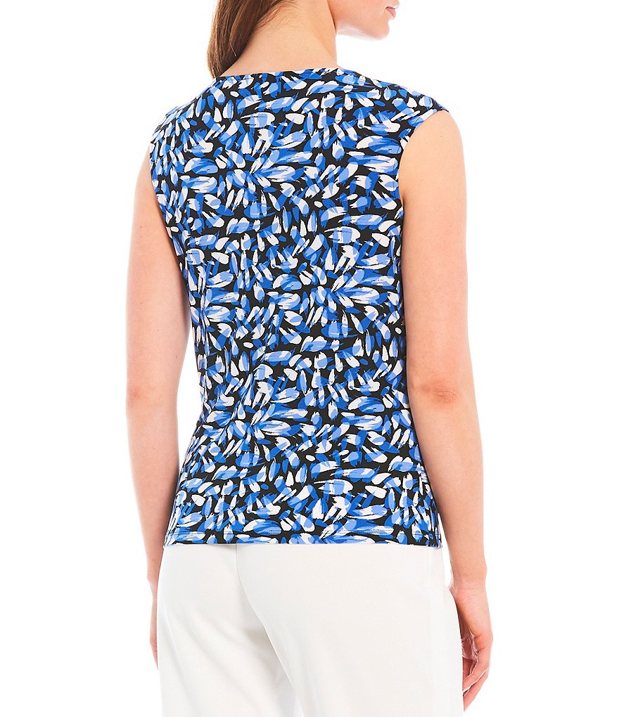 Kasper Floral Printed Criss Cross Round Neck Cap Sleeve Knit Top