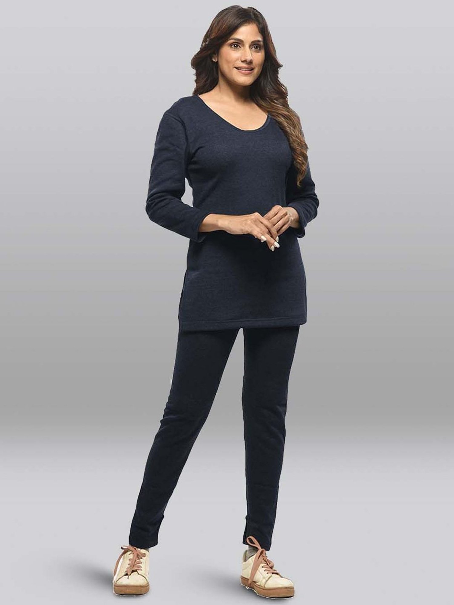 LUX Inferno Navy Plain Long Top Leggings Set - Pack Of 2
