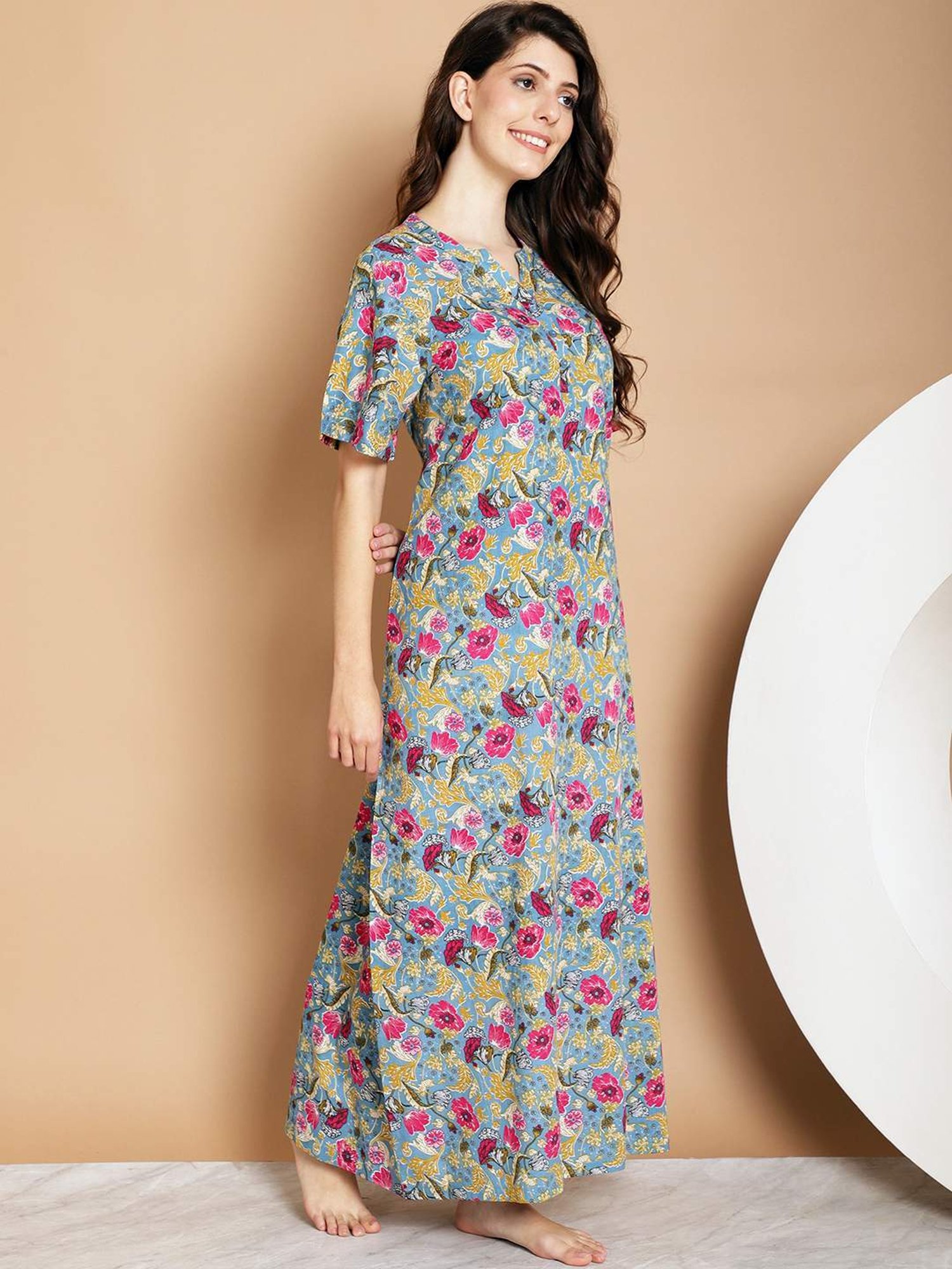 Kanvin Blue Cotton Printed Nighty