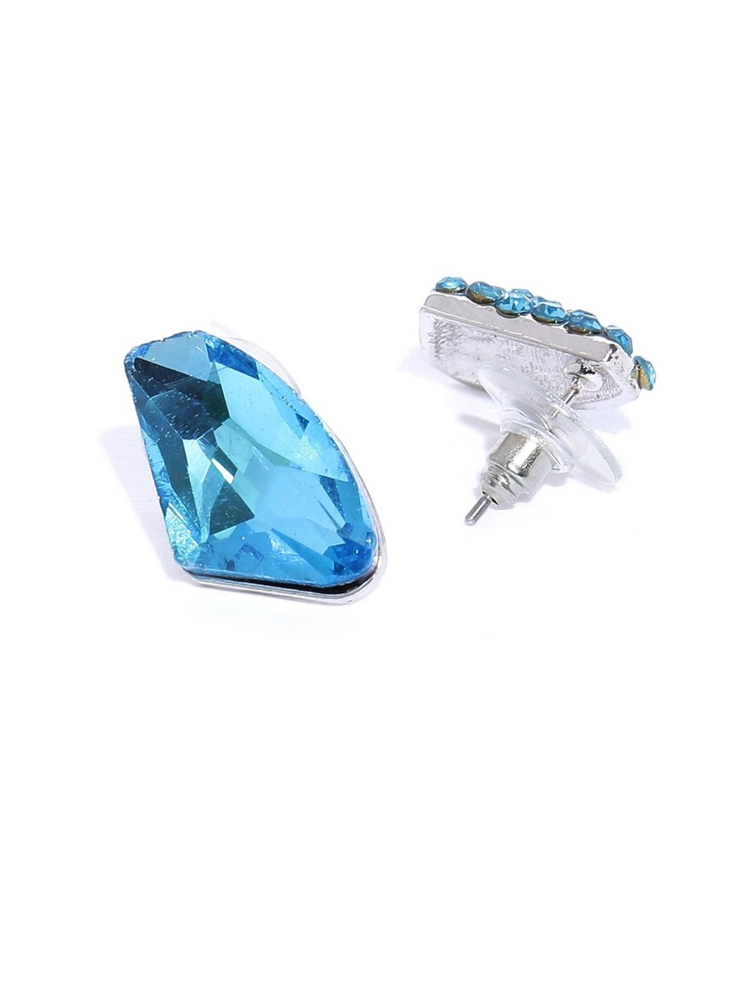 YouBella Silver-Plated Blue Contemporary Stone Studded Stud Earrings for Women