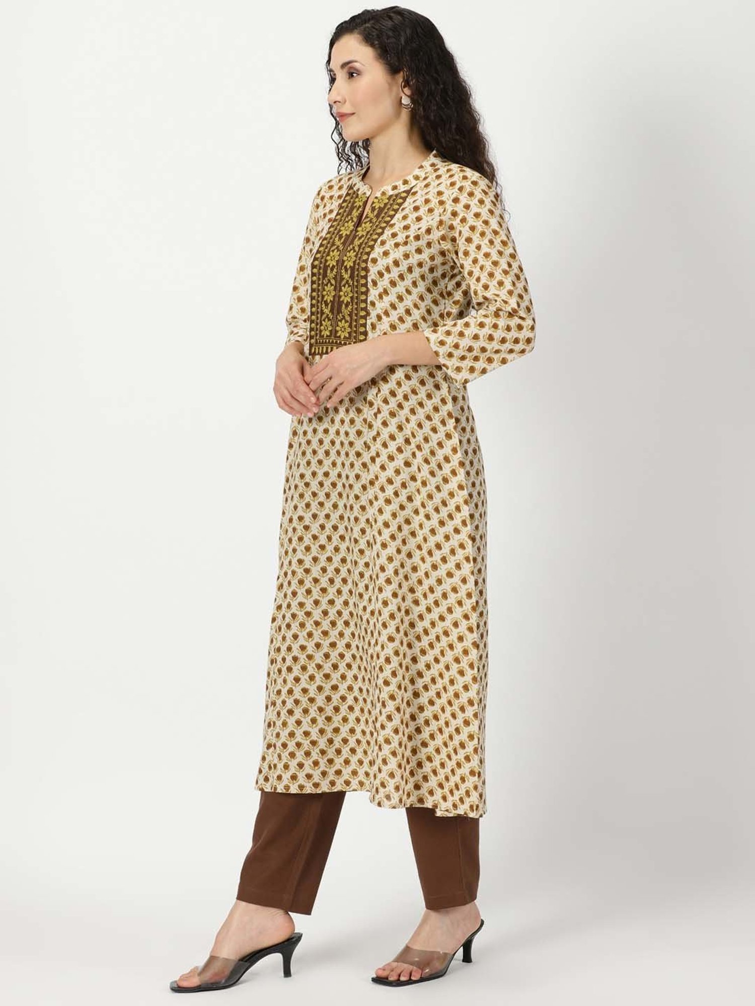 Saffron Threads Beige Floral Print A Line Kurta