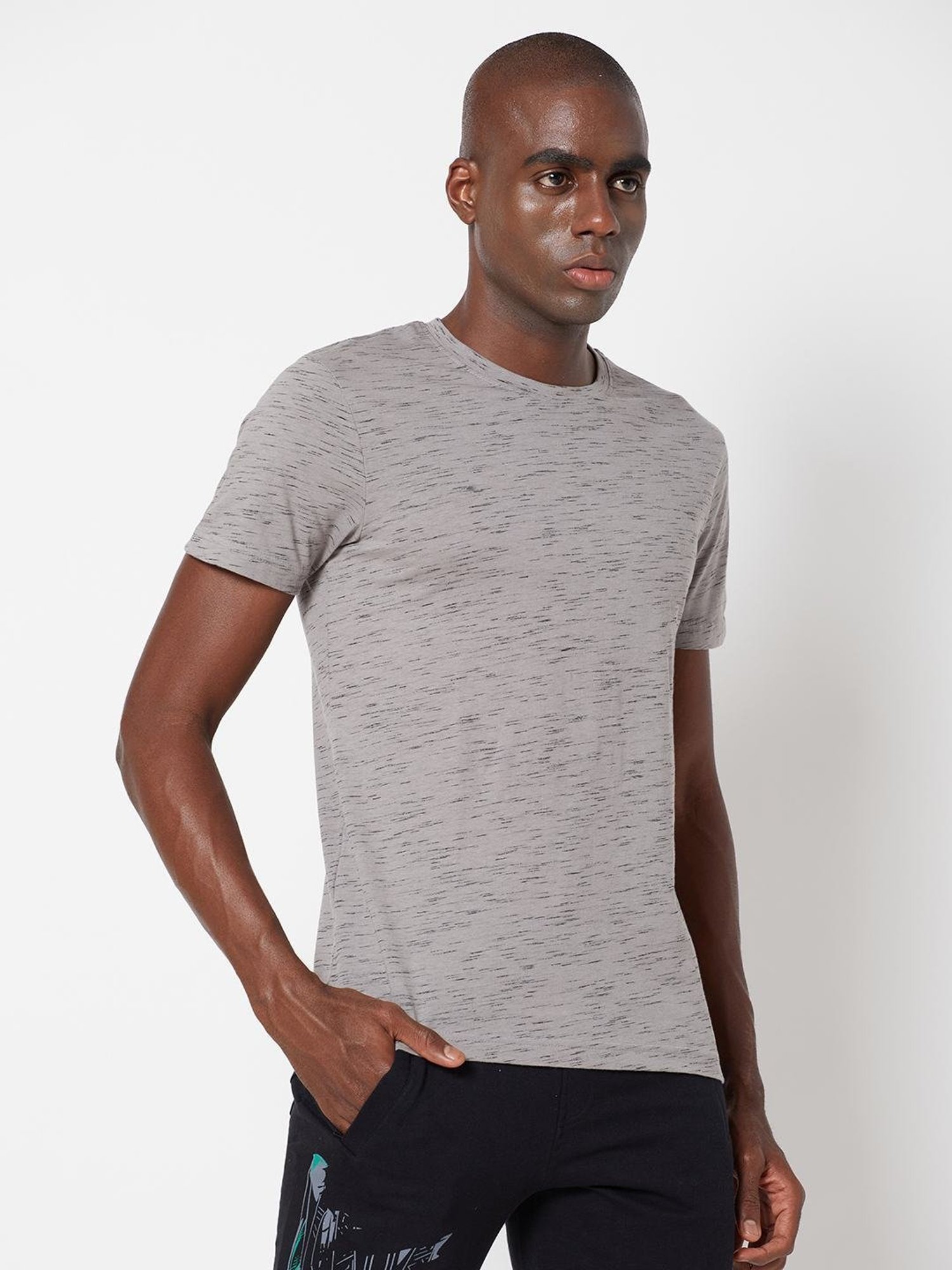 Sporto Mid Grey Regular Fit Self Pattern T-Shirt