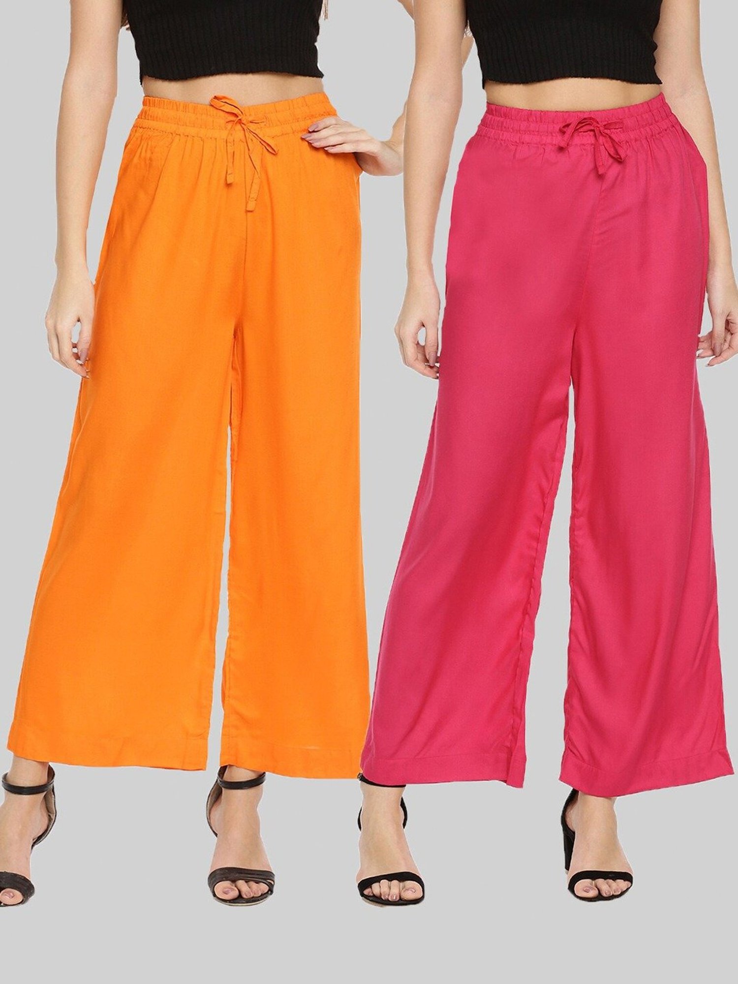 TWIN BIRDS Orange & Pink Mid Rise Palazzos - Pack Of 2