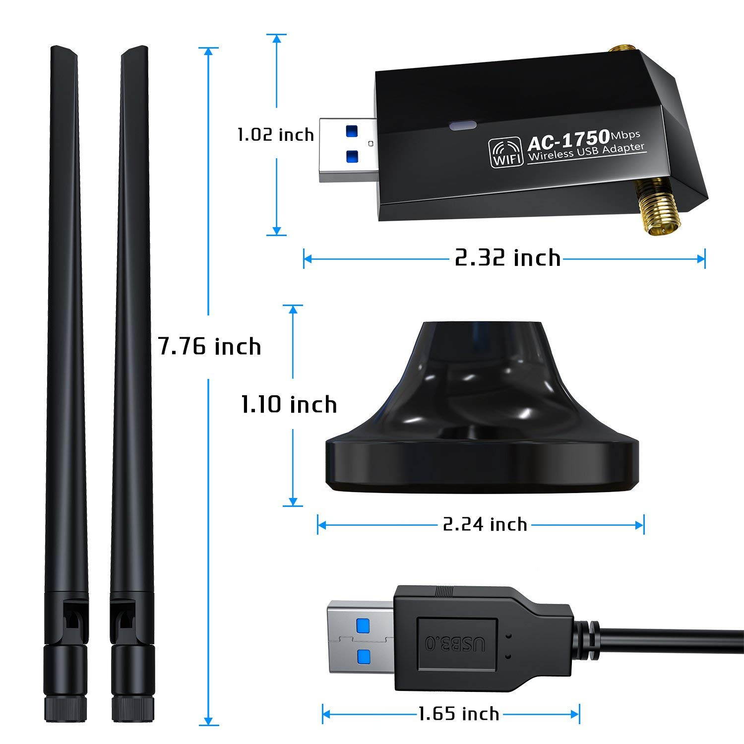 1750Mbps Wireless USB Wifi Adapter, AC1750 Dual Band 2.4GHz/450Mbps 5GHz/1300Mbps wifi Lan Card,802.11 ac/a/b/g/n, Dual High Gain Dual 5dBi Antennas Network dongle for Windows XP/7/8/10,MAC OS X