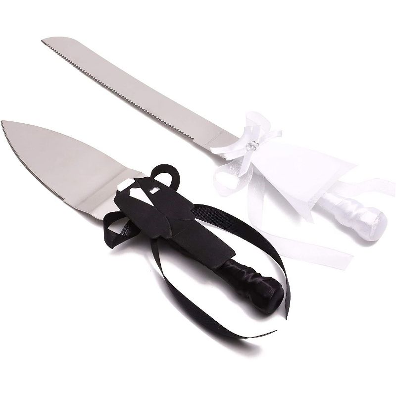 Sparkle and Bash 2 Pieces Bride and Groom Wedding Cake Knife and Server Set (2 Sizes)