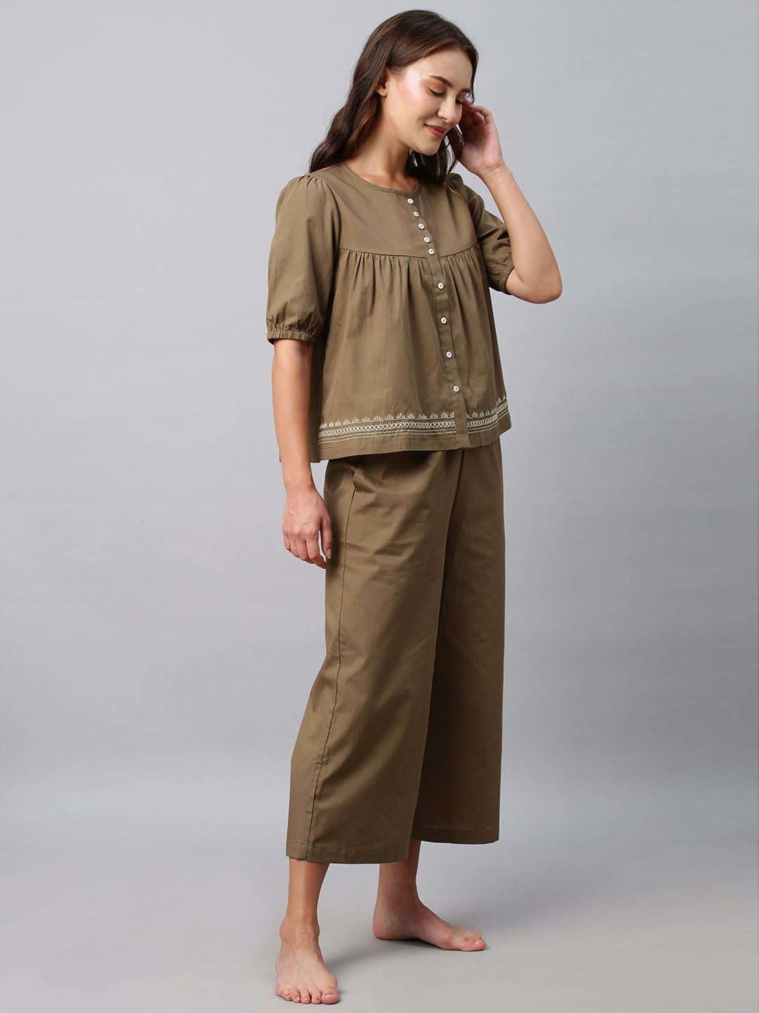 Chemistry Green Cotton Embroidered Top Pyjama Set