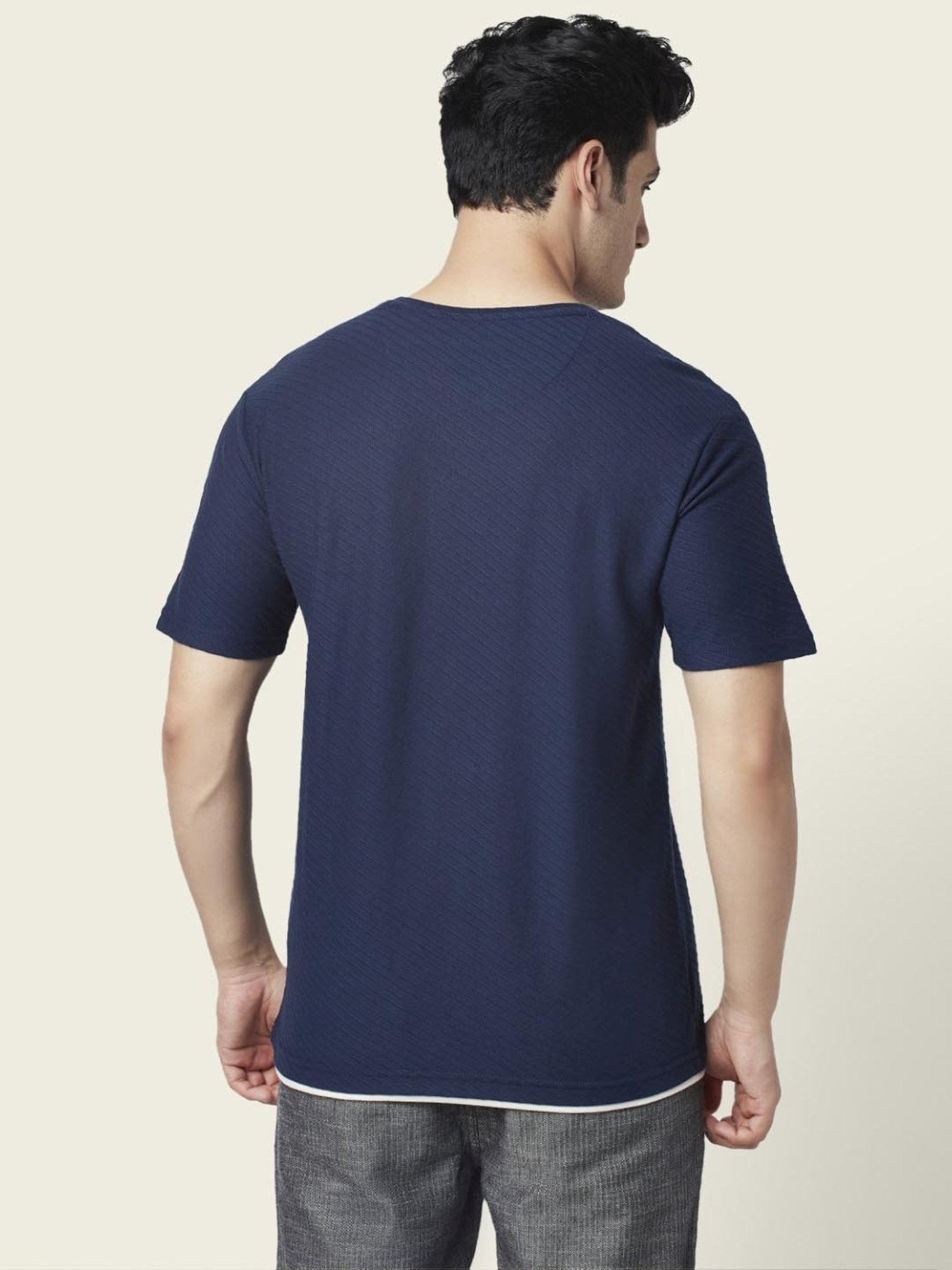 7 Alt by Pantaloons Dark Navy Relaxed Fit Self Pattern T-Shirt