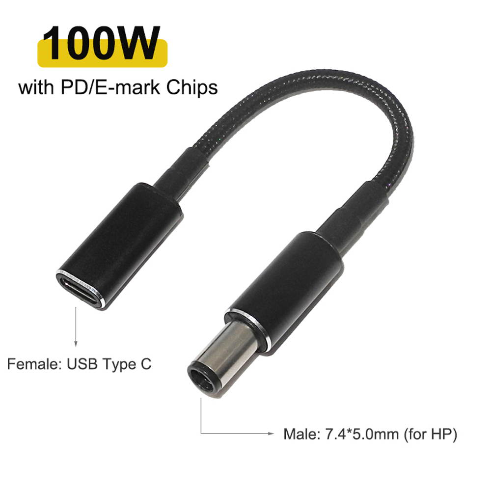 100W USB-C Type C Female to 7.4x5.0mm PD Charger Converter Cable for HP 90W or below Laptops