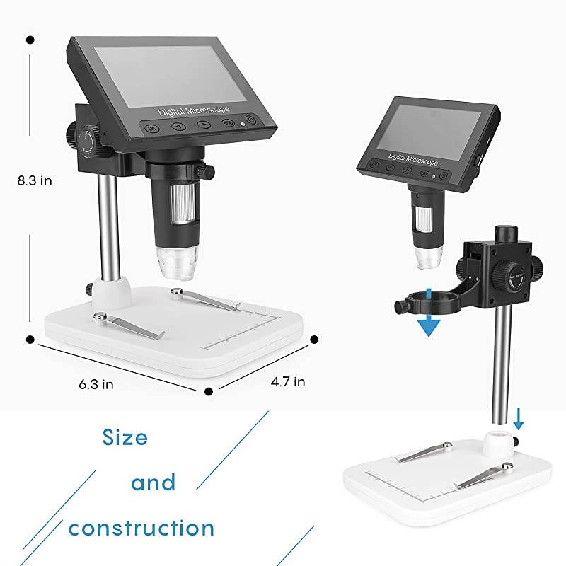 USB Microscope 43 inch LCD 10X600X Magnification Microscope8 LED Adjustable LightRechargeable Lithium Battery for Phone Repair Soldering Tool Jewelry Appraisal Biologic Use
