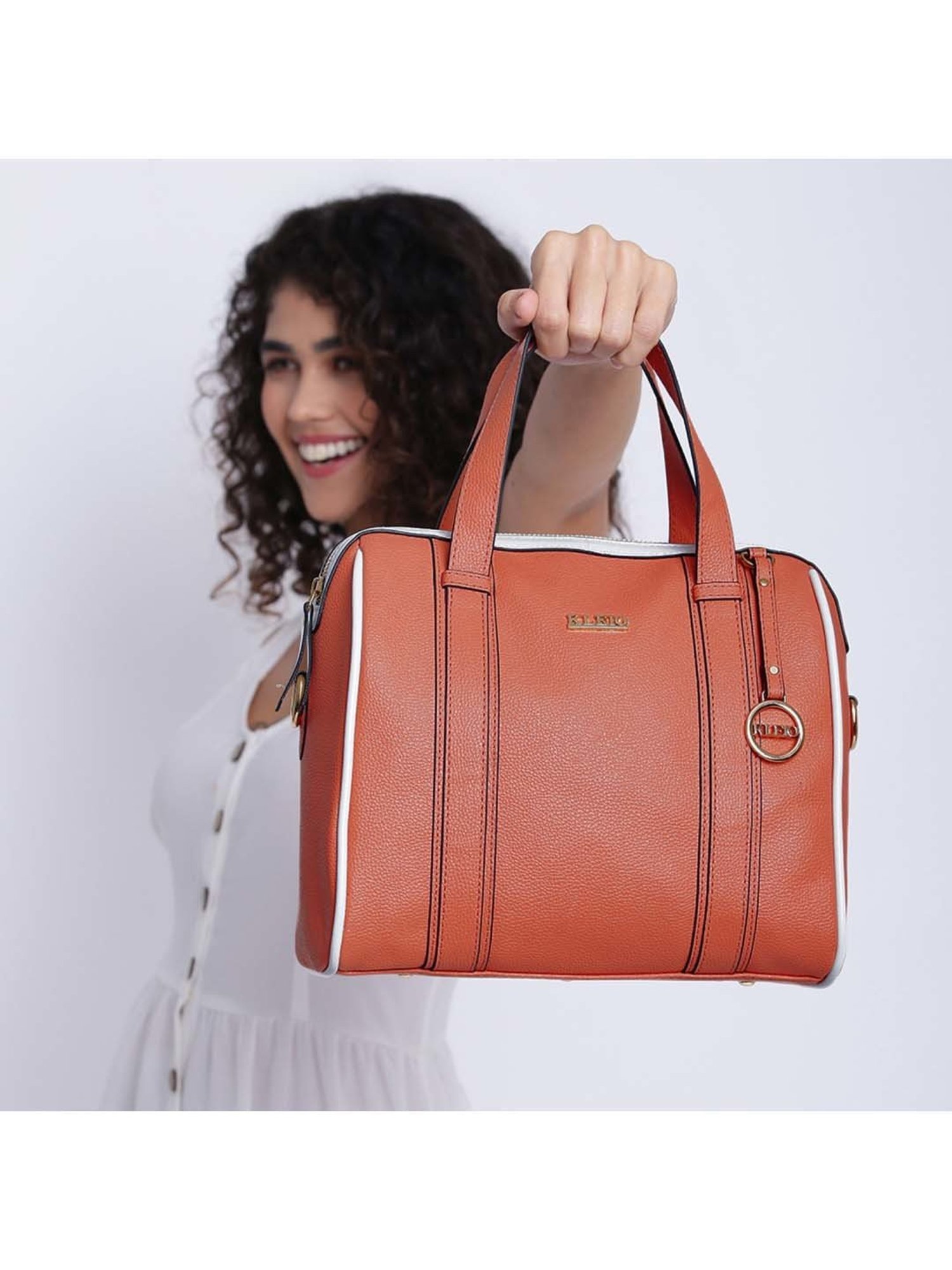 KLEIO Peach Solid Medium Bowler Handbag