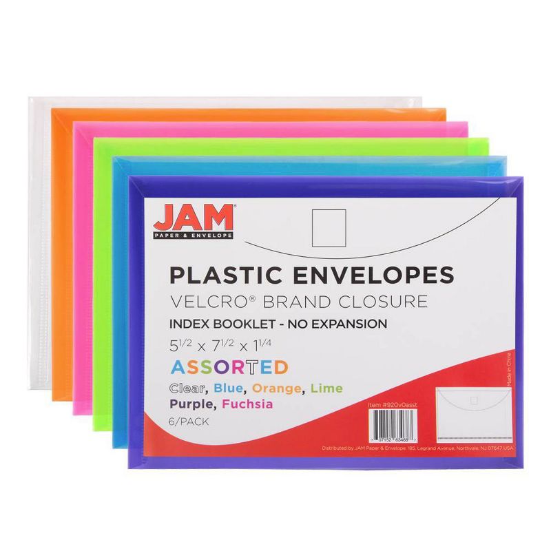JAM Paper 5 1/2'' X 7 1/2'' 6pk Plastic Envelopes with Hook and Loop Closure, Index - Multicolor