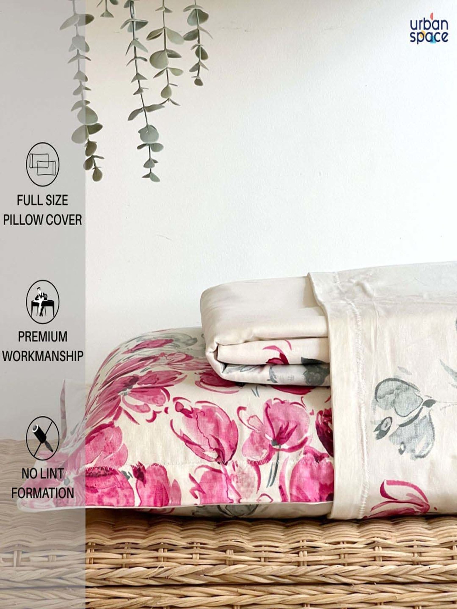 Urban Space Pink And White Cotton 200 TC King Bedsheet with 2 Pillow Covers