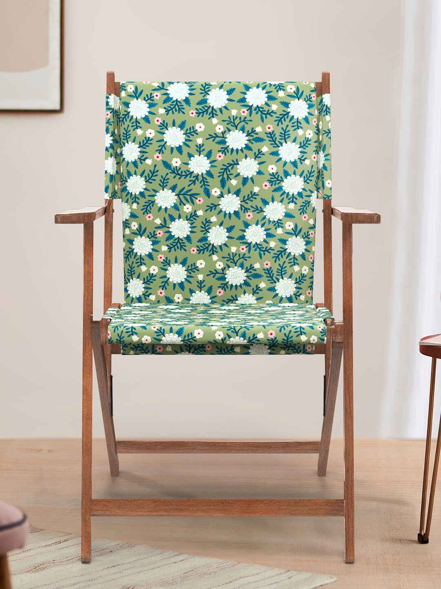Chumbak Bistro Spring Marigold Floral Blue Wood Folding Chair
