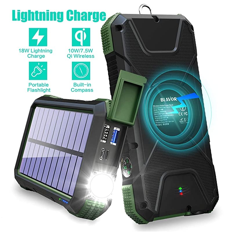 Solar Charger Power Bank 18W QC 30 Portable Wireless Charger 10W75W5W with 4 Outputs Dual Inputs 20000mAh External Battery Pack IPX5 Waterproof with Flashlight Compass Dark Green