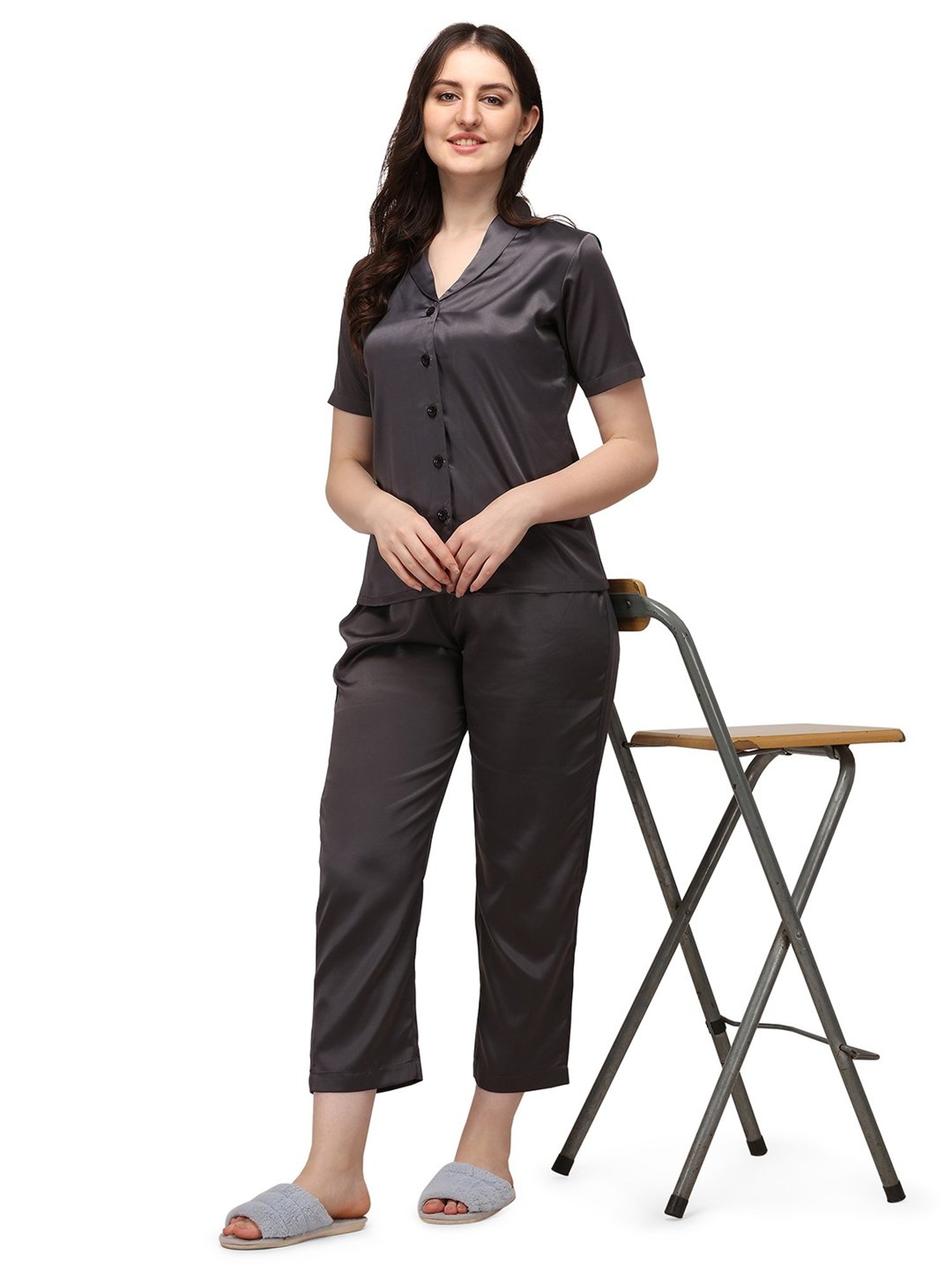 Smarty Pants Dark Grey Satin  Shirt With Pyjamas