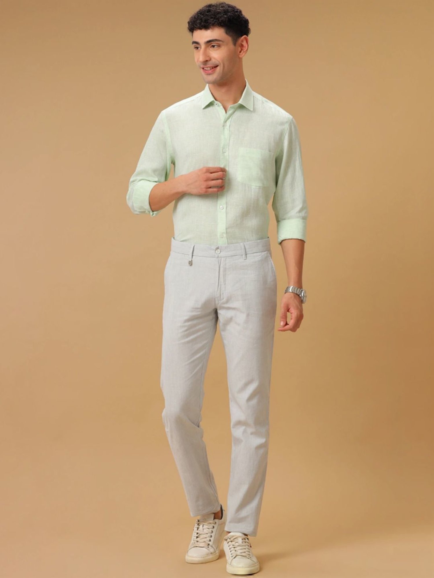 Linen Club Green Linen Contemporary Fit Texture Shirt