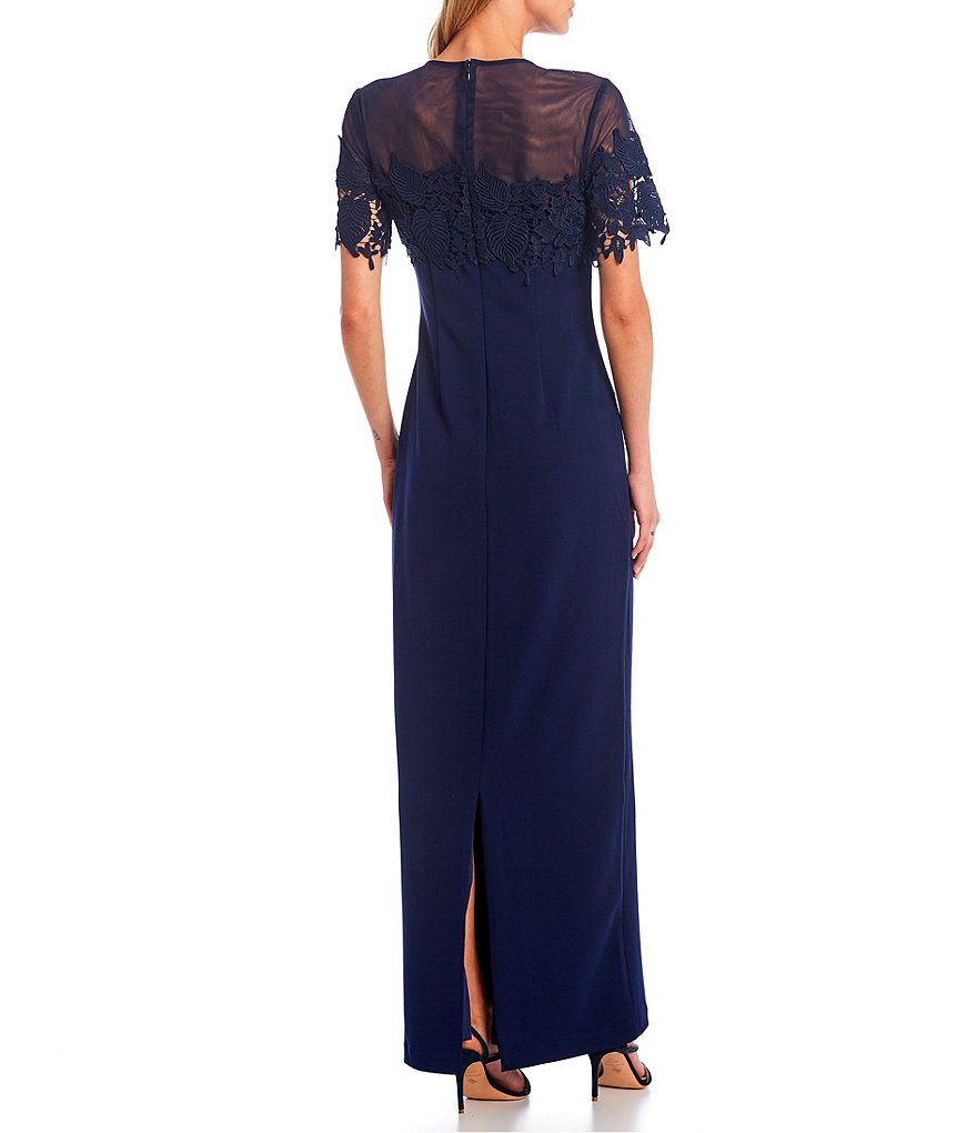 Jkara Chiffon Popover Beaded V-Neck 3/4 Capelet Sleeve Gown