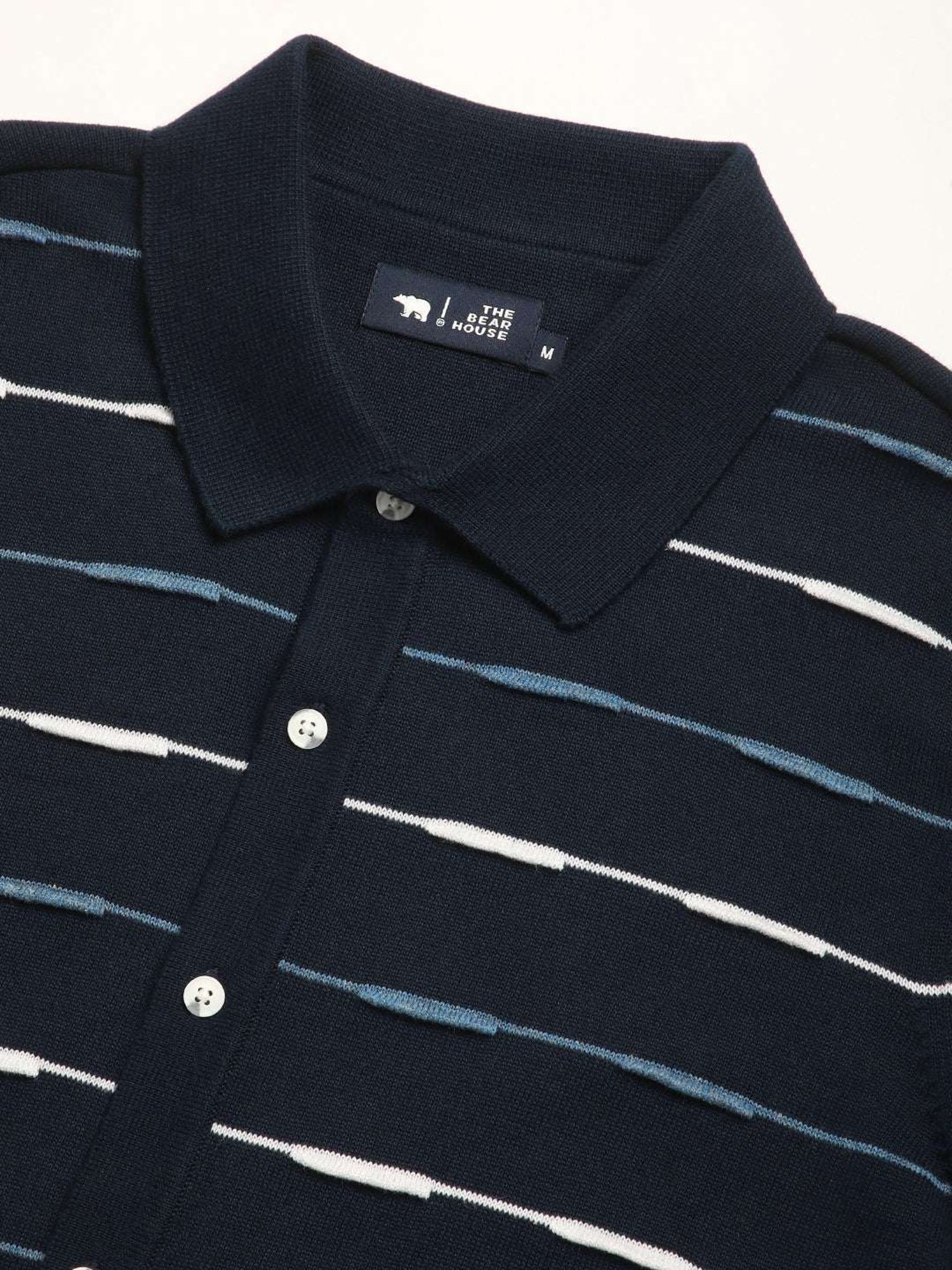 The Bear House Navy Cotton Slim Fit Striped Polo T-Shirt
