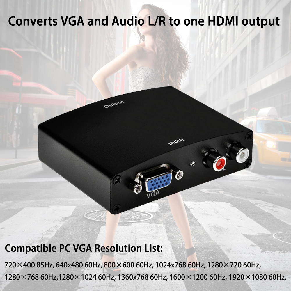 1080P HD R/L VGA to HDMI Converter Box, VGA & R/L Stereo Audio to HDMI Converter with DC Adapter Full HD Audio Video Converter for HDTV TV Box with 2 RCA Phono Analog Stereo Audio Input