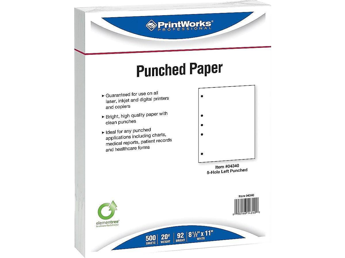 8-1/2'' x 11" Laser Cut Sheet, 20# White Stock, 5 Hole Punch Left, 5/16" Diameter (Carton of 2500)