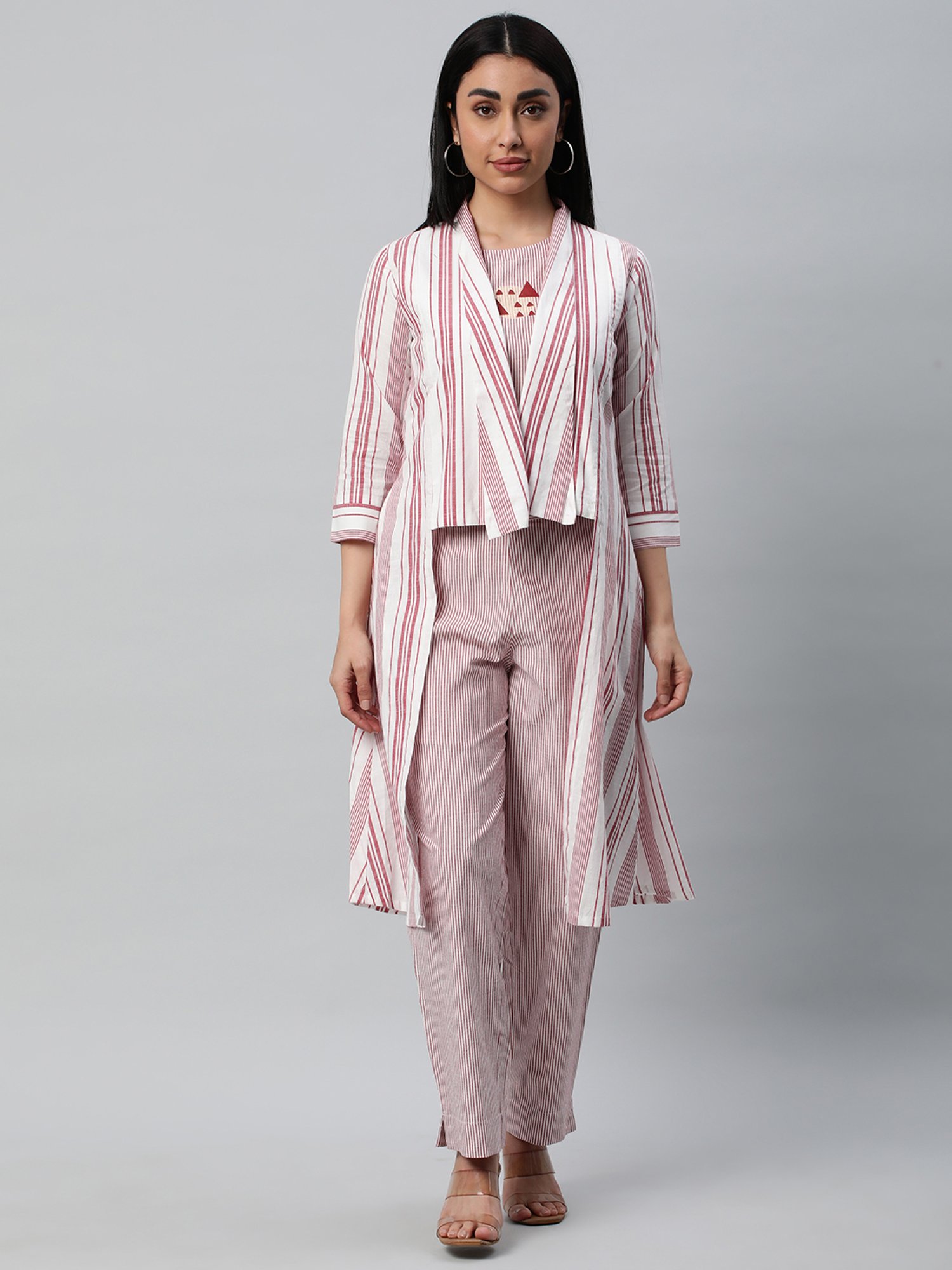 Kami Kubi Multicolor Striped Top Pant Set With Long Shrug