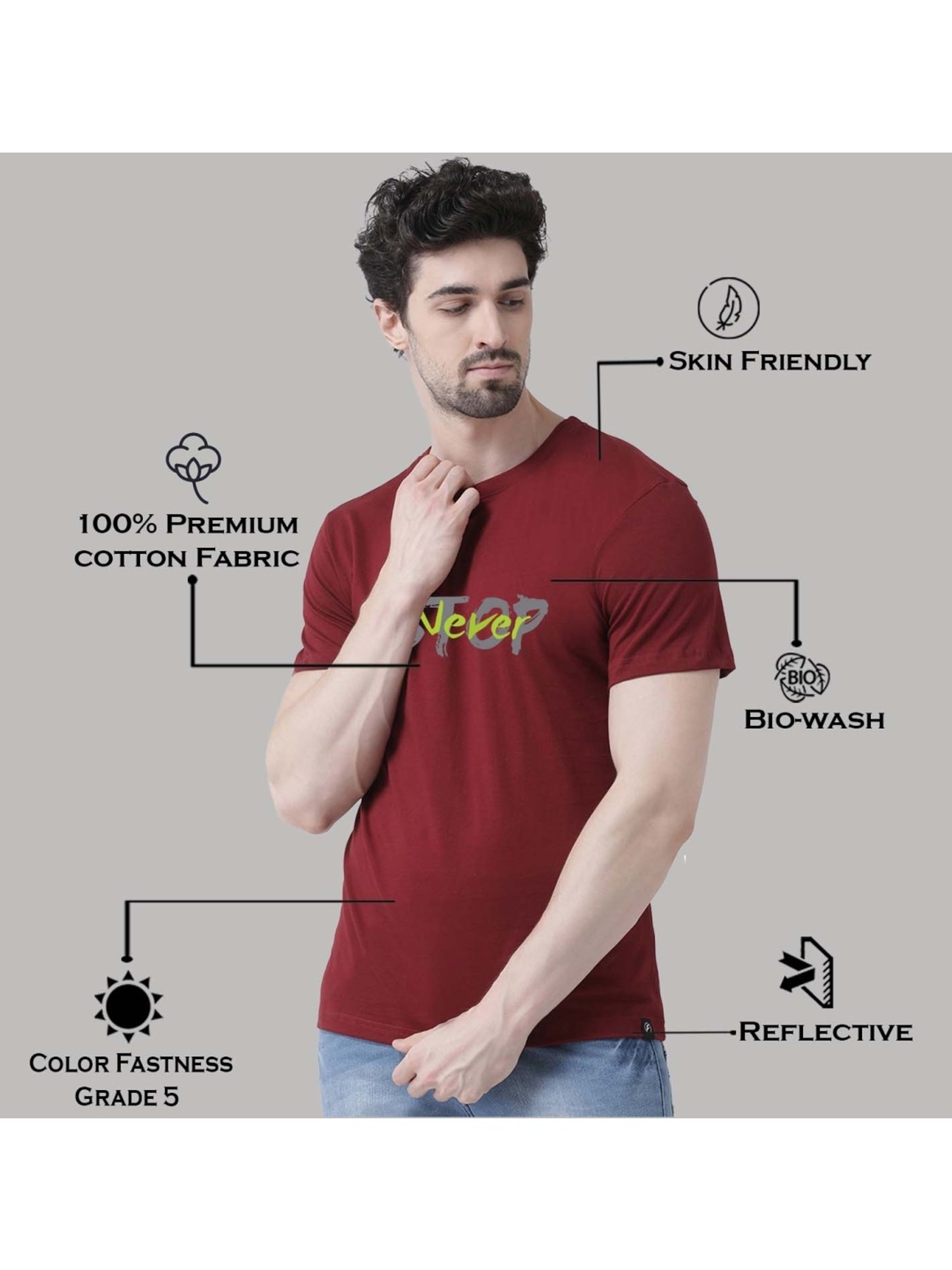 Friskers Maroon Cotton Slim Fit Printed T-Shirt