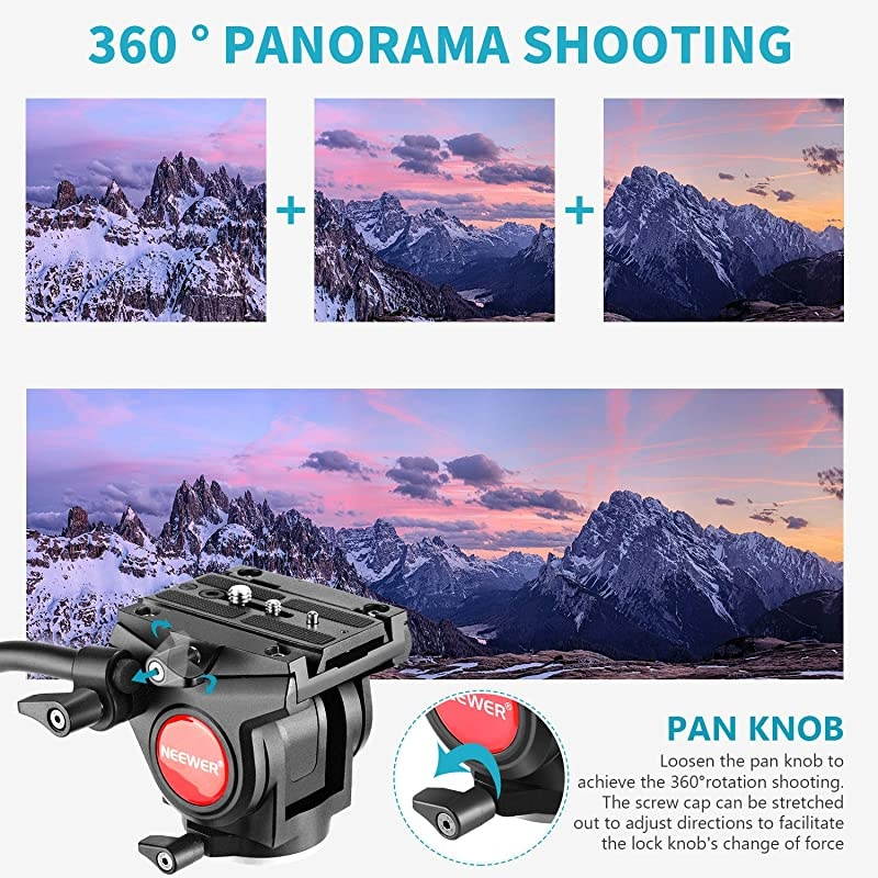 Metal Heavy Duty Video Camera Tripod Fluid Drag Pan Head with 1/4 and 3/8 inches Screws Sliding Plate for DSLR Cameras Video Camcorders Shooting Filming, up to 11 pounds/5 kilograms