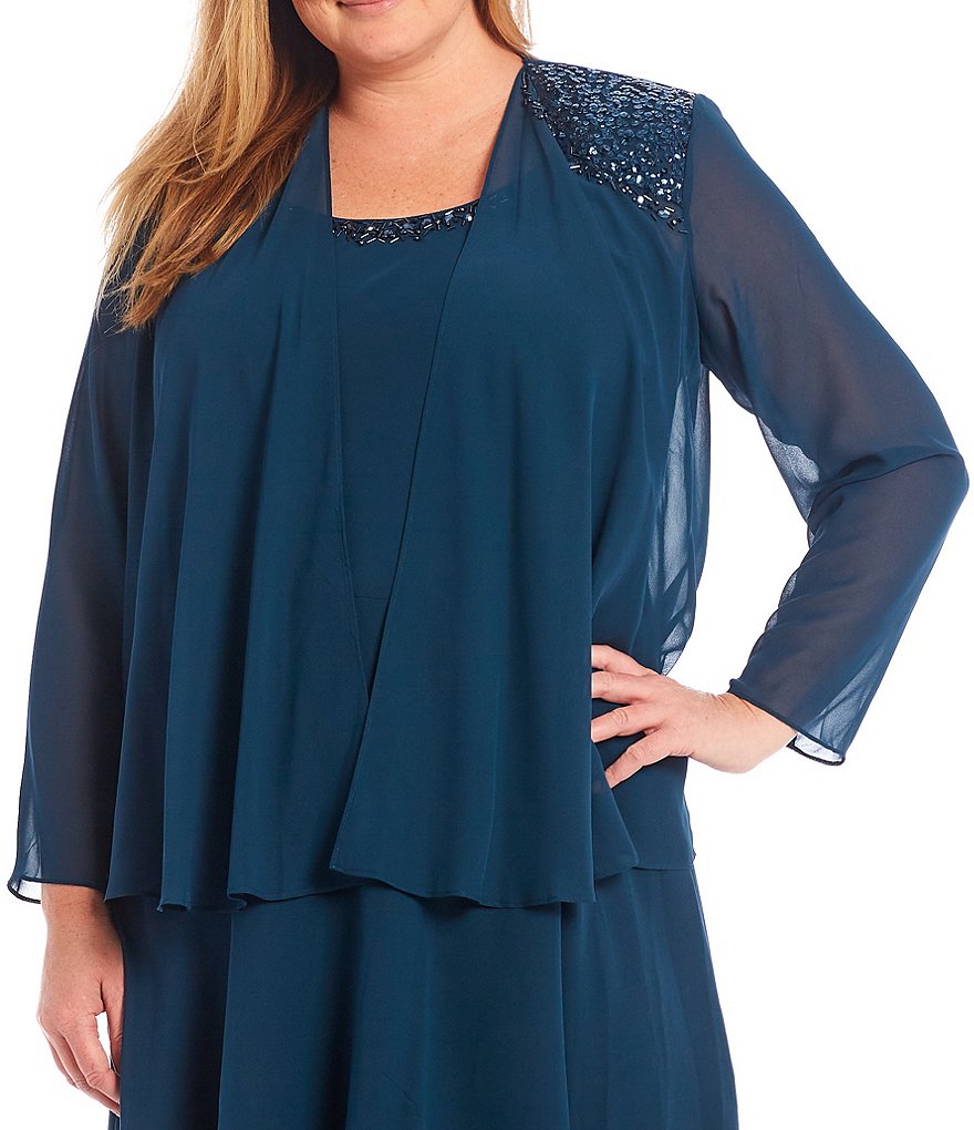 Ignite Evenings Plus Size Scoop Neck Long Sleeve Sequined Shoulder Midi Length Tiered Hem Jacket Dress