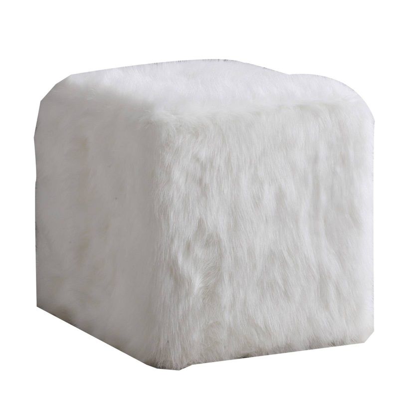 Faux Fur Upholste Wooden Ottoman White - Benzara