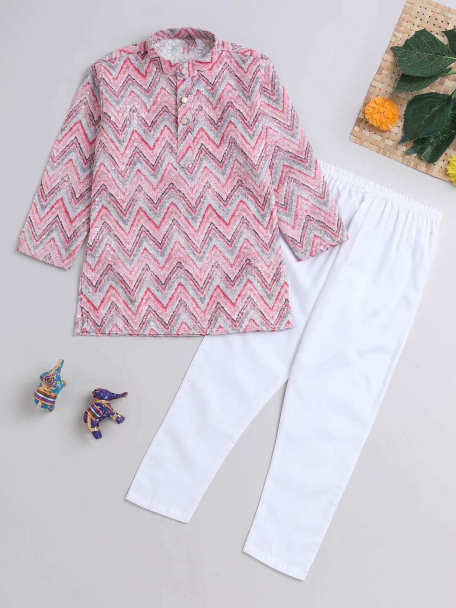 The Magic Wand Kids Pink & White Cotton Embroidered Full Sleeves Kurta Set