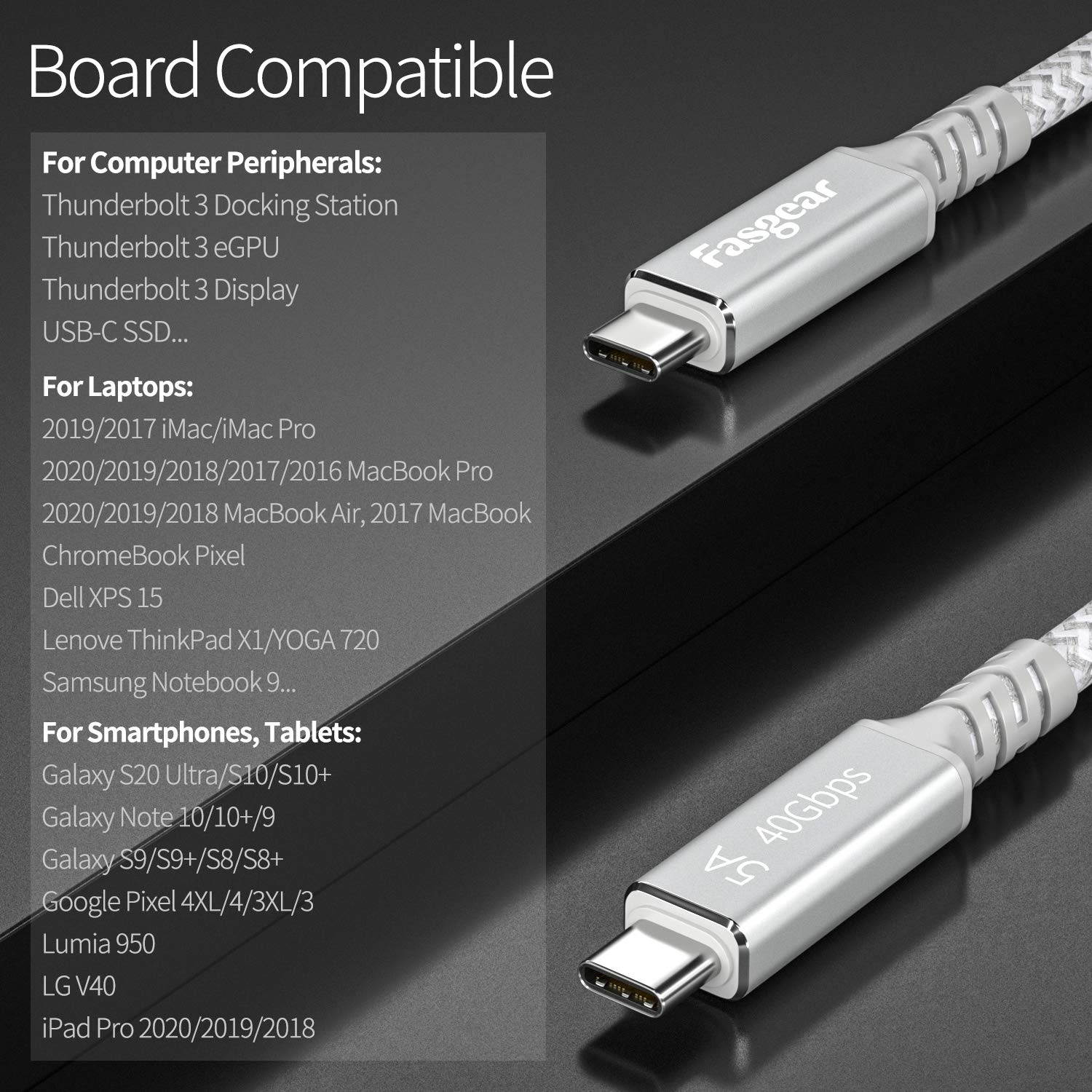 Fasgear Thunderbolt 3 Cable 4.9ft 40Gbps/ 100W (5A) Charging/ 5K@60Hz USB-C Nylon Braided Cord Compatible for Mac BooksiPad ProPixeleGPUExternal SSDMoniterDocking StationHub (White)