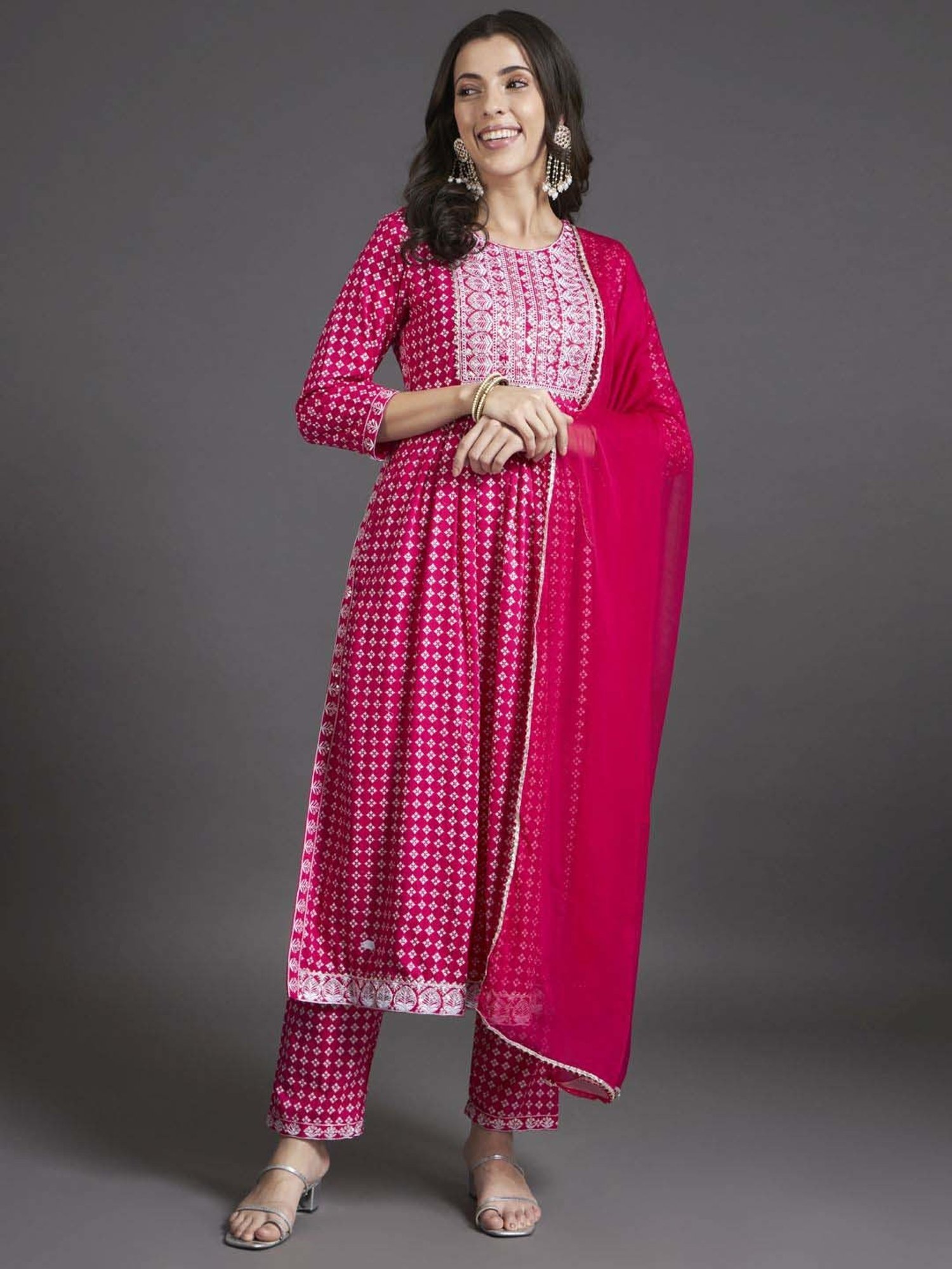 Heeposh Pink Printed Kurta Pant Set With Dupatta