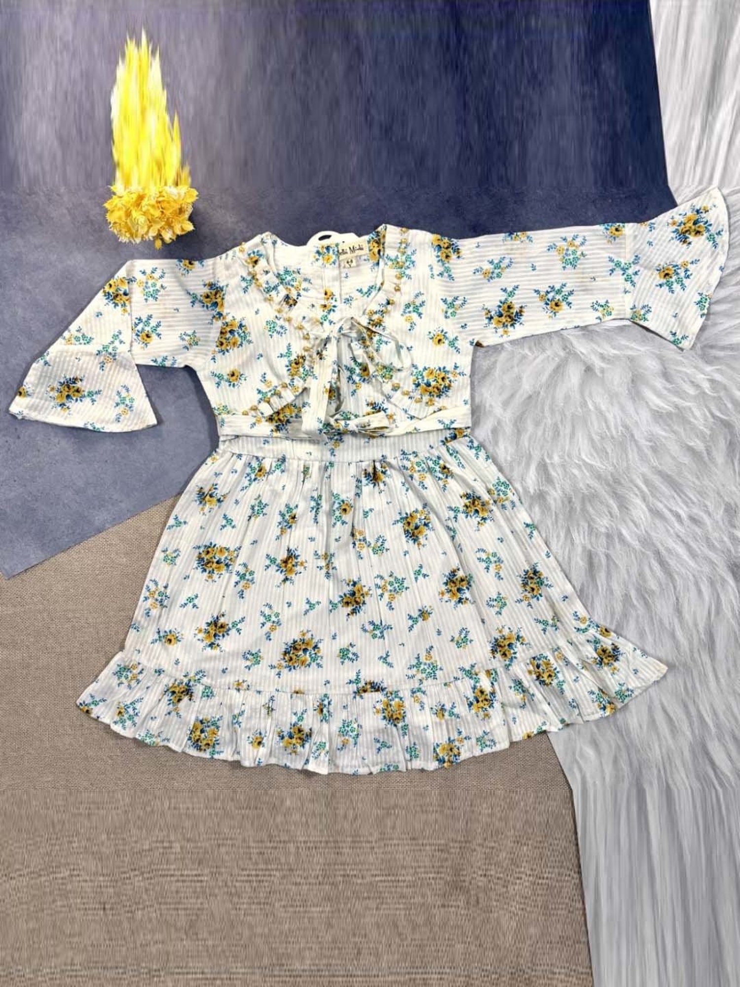 Bella Moda Kids White & Blue Cotton Floral Print Full Sleeves Dress