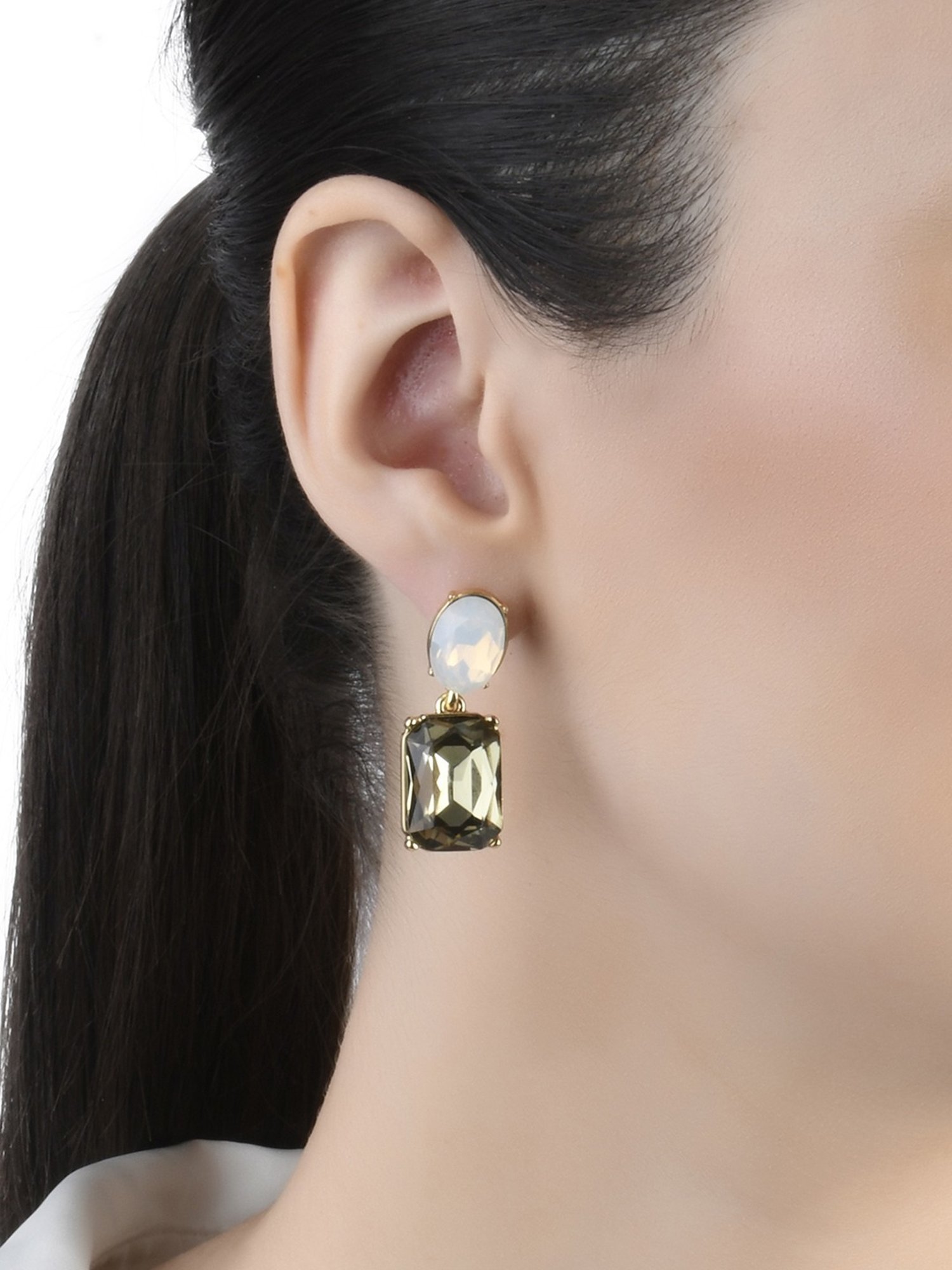 Lilly & Sparkle Gold-Toned Grey & White Stone Studded Drop Earrings