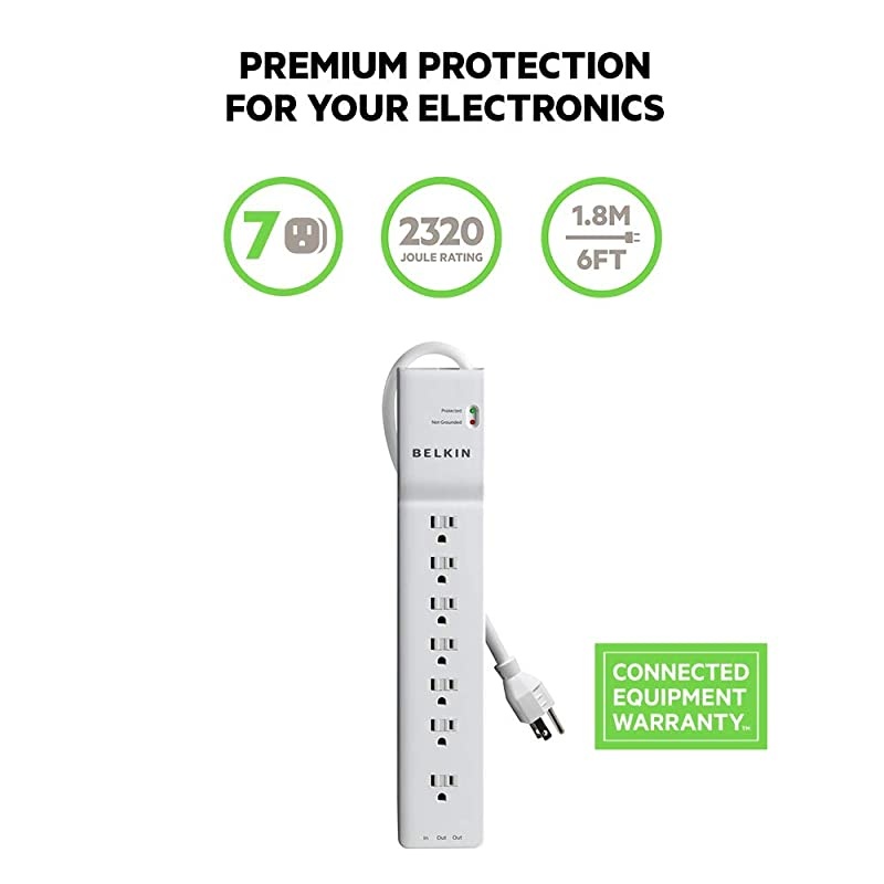 BV11223408 12Outlet Advanced Power Strip Surge Protector with 8Foot Power Cord and EthernetCableSatellite 4000 Joules amp BE10720006 7Outlet Power Strip Surge Protector w6ft Cord