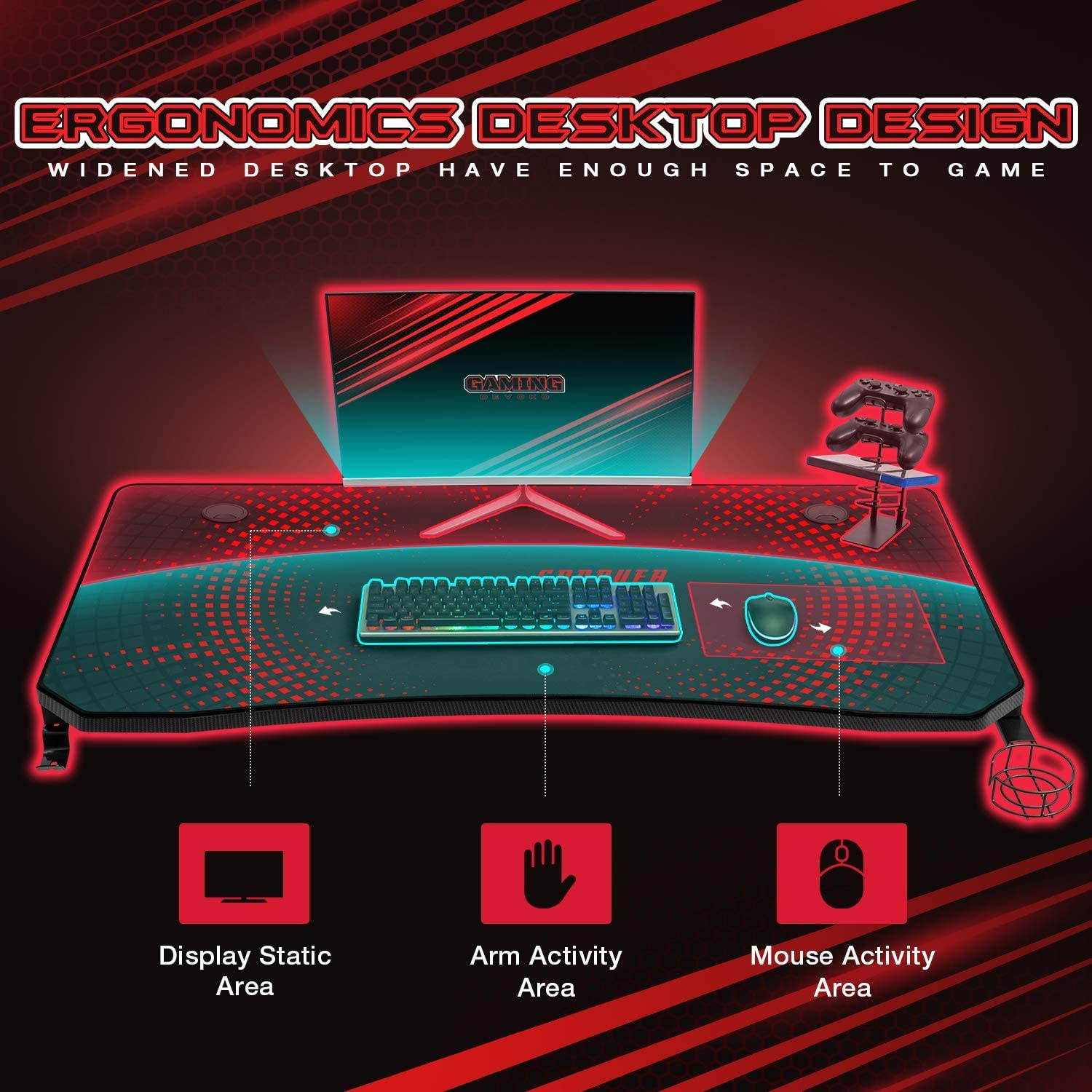 Devoko Gaming Desk 55 Inch Computer Gaming Desk Z-Shaped Pc Gaming Desk with Carben Fiber Surface Gamer Desk with Free Mouse Pad Home Office Desk with Cup Holder and Headphone Hook (Black)