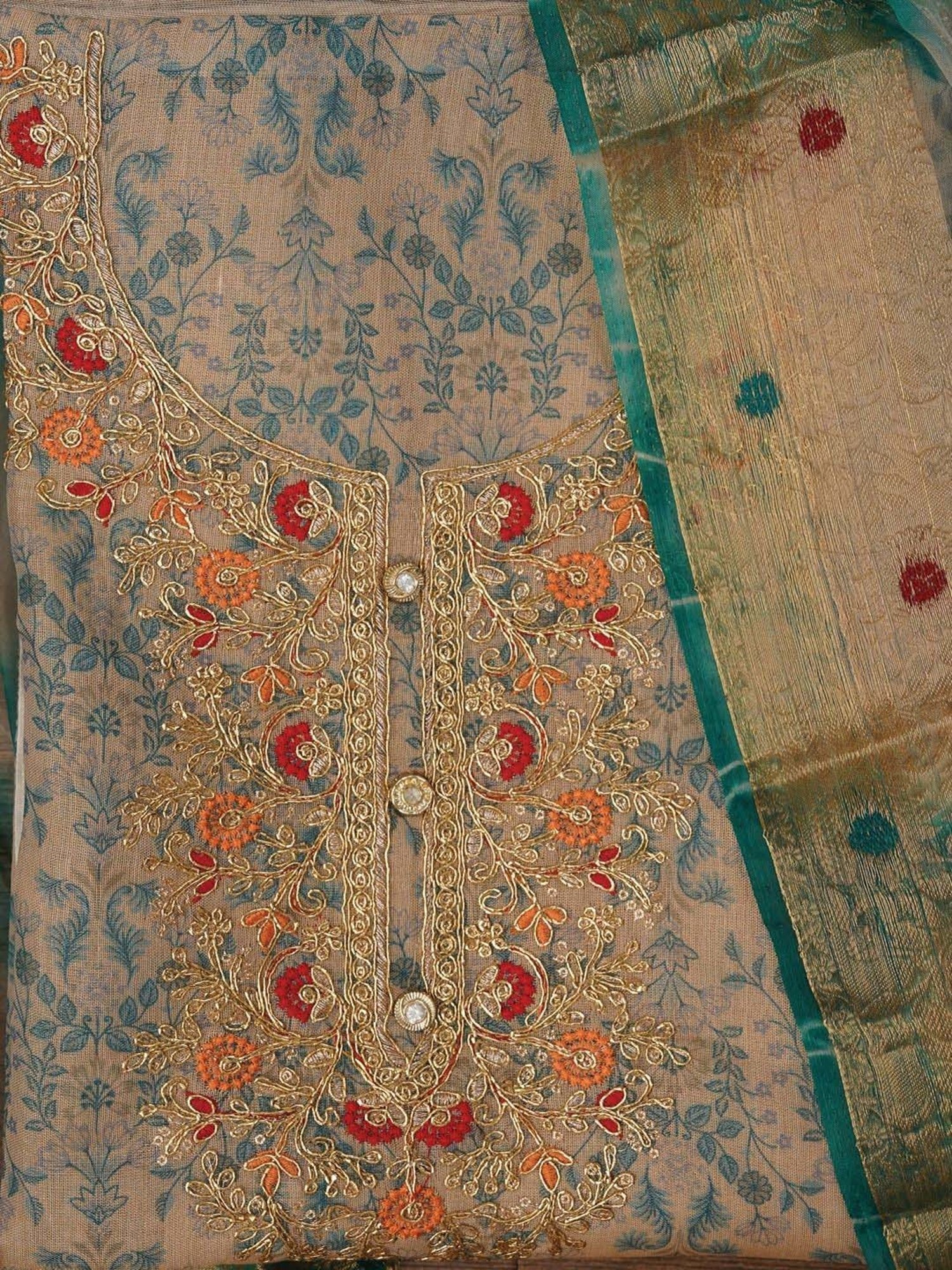 Jaipur Kurti Peach & Green Embellished Unstitched Dress Material