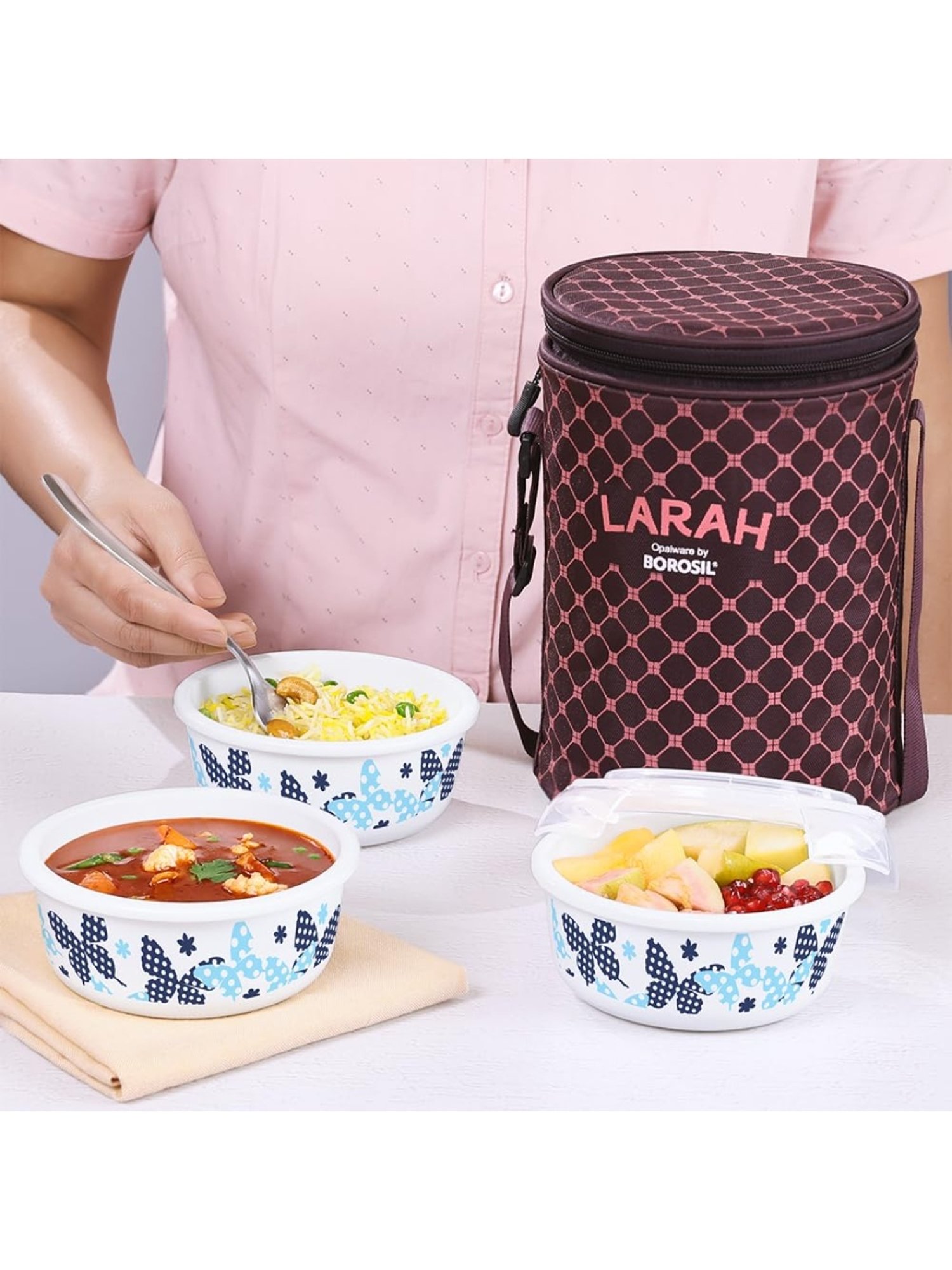 Larah by Borosil Blue Opalware Lunch Box with Lunch Bag