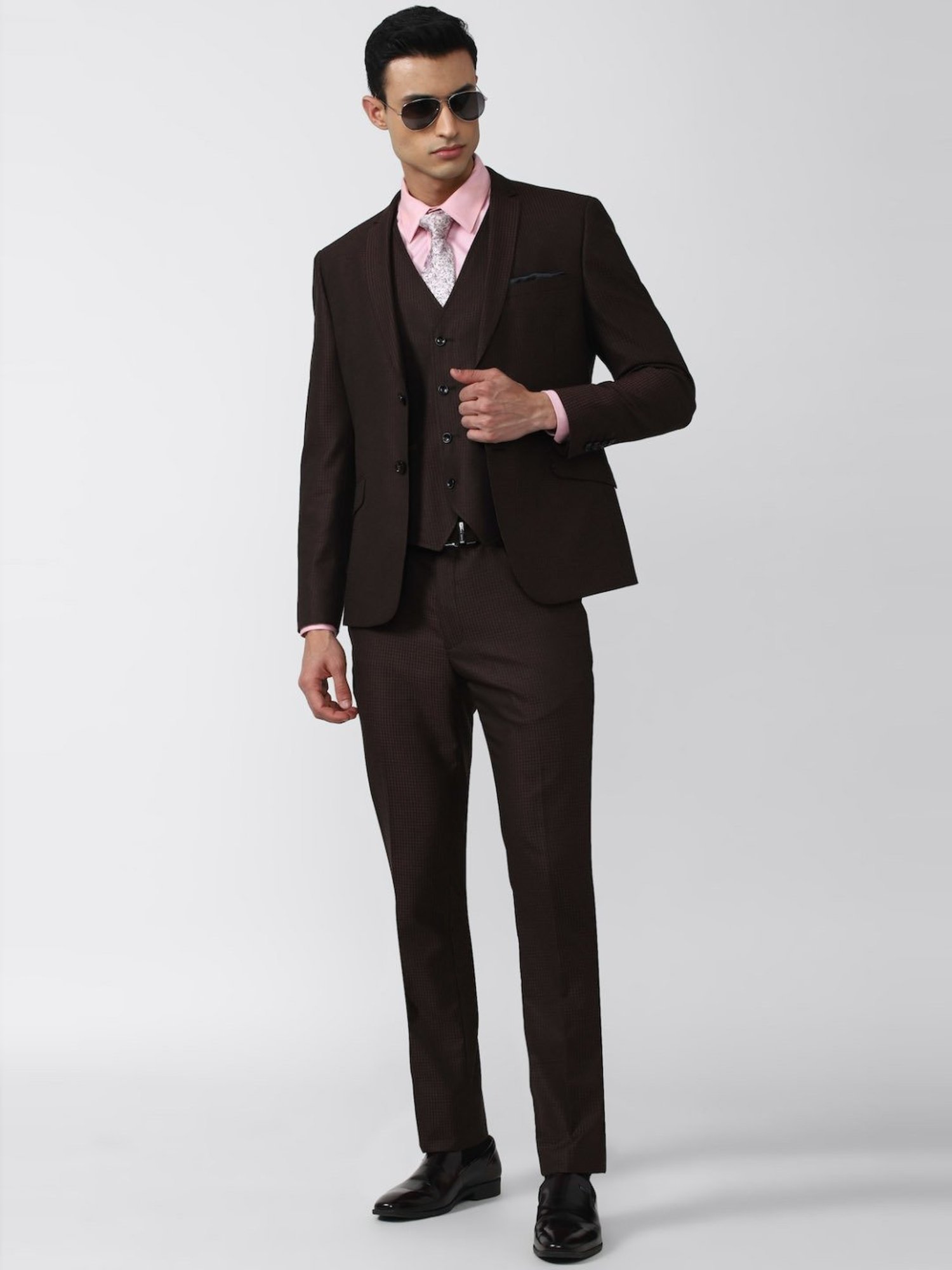 V Dot Brown Skinny Fit Checks Three Piece Suit