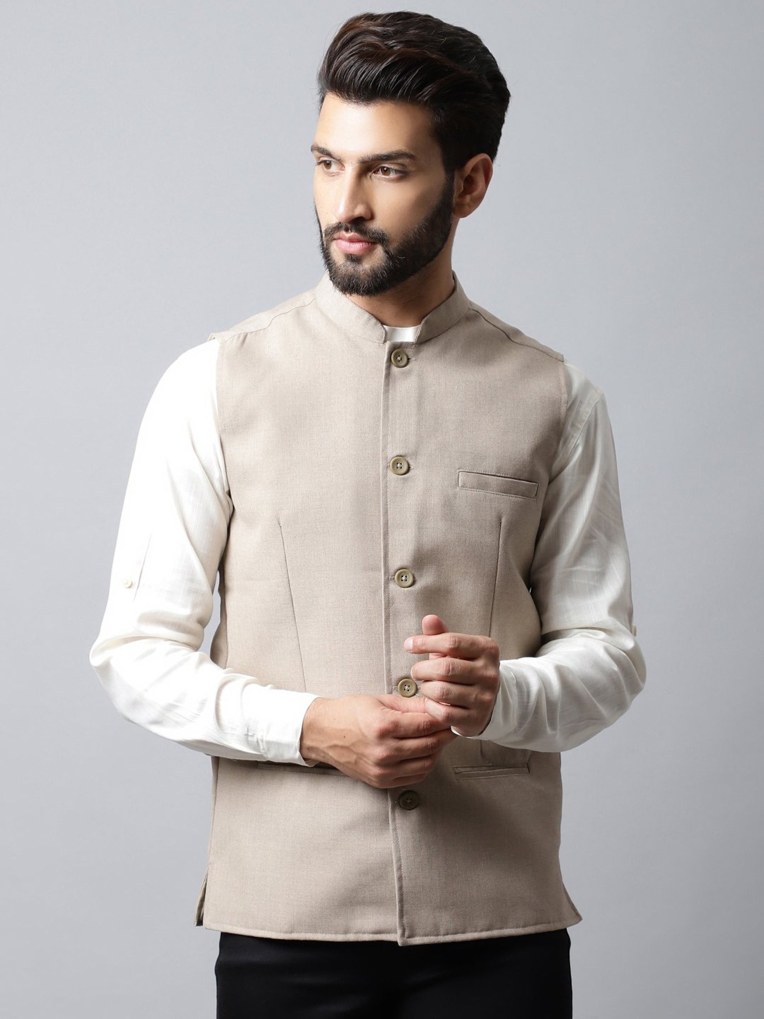 Even Light Brown Regular Fit Mandarin Collar Nehru Jacket